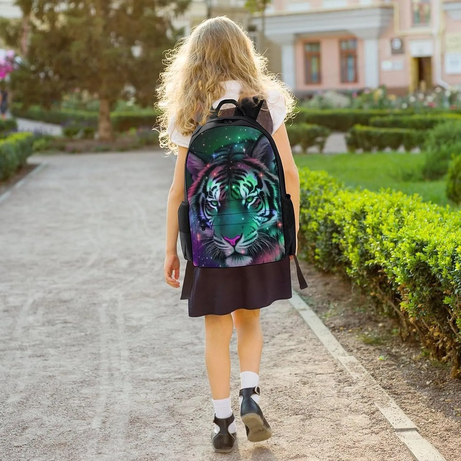 Polyester Daypack Backpack for Trekking Picnic Walking Cycling - Large Capacity Anti-Theft Multipurpose Shoulder Bag, Mystic Fantasy Galaxy Sky Fantasy Wild Animals Tiger Art Casual Daypack