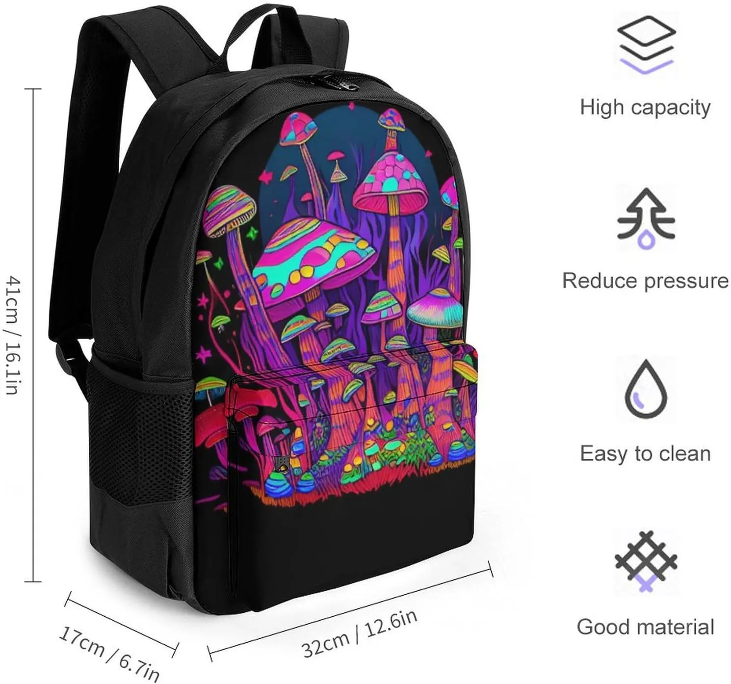 Polyester Daypack Backpack for Trekking Picnic Walking Cycling - Large Capacity Anti-Theft Multipurpose Shoulder Bag, Psychedelic Mushrooms Magic World Trippy Art Casual Daypack
