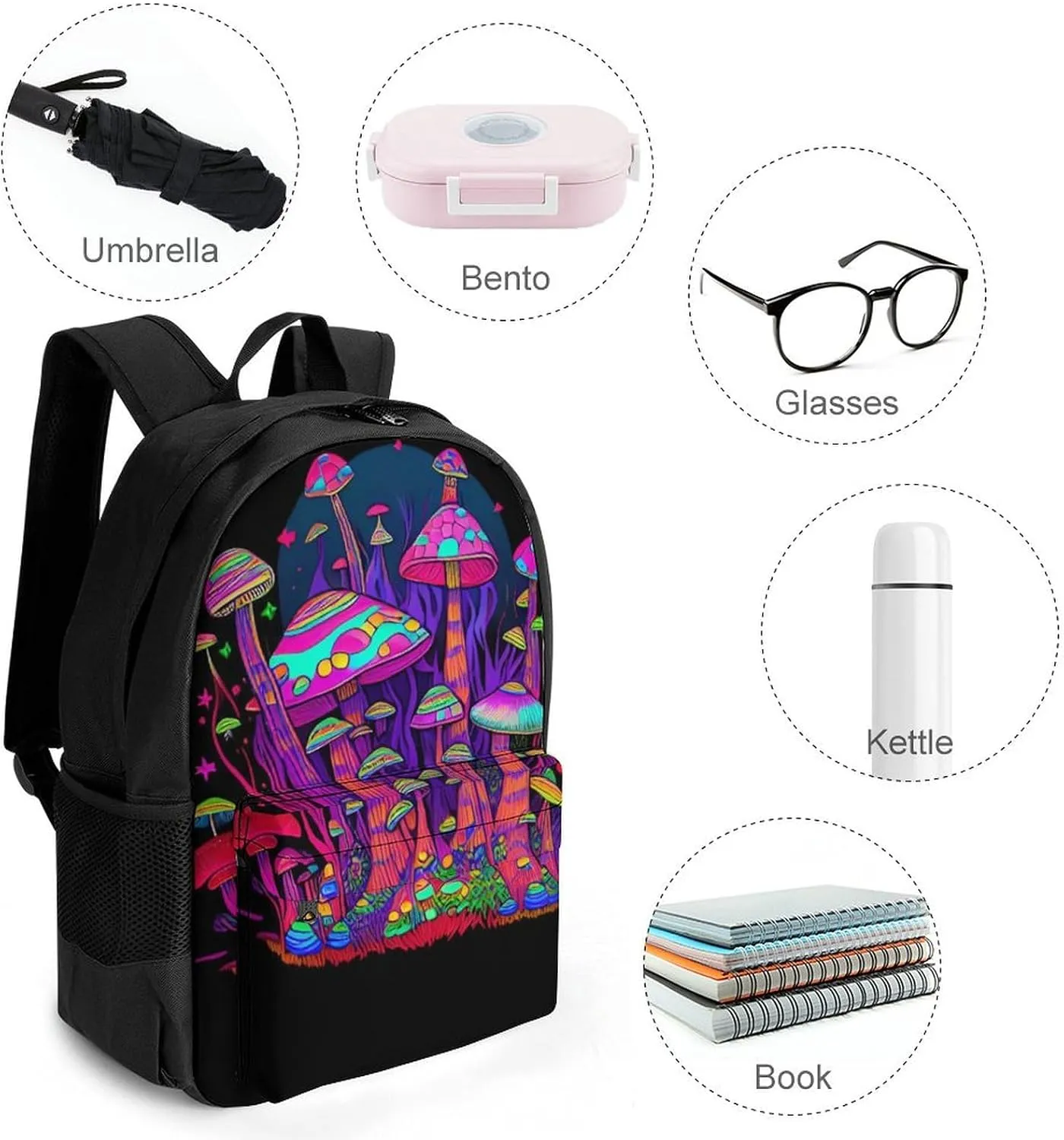 Polyester Daypack Backpack for Trekking Picnic Walking Cycling - Large Capacity Anti-Theft Multipurpose Shoulder Bag, Psychedelic Mushrooms Magic World Trippy Art Casual Daypack