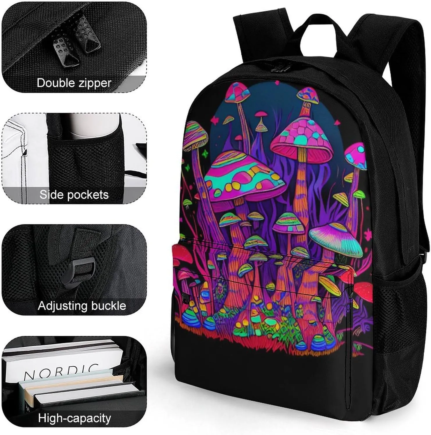 Polyester Daypack Backpack for Trekking Picnic Walking Cycling - Large Capacity Anti-Theft Multipurpose Shoulder Bag, Psychedelic Mushrooms Magic World Trippy Art Casual Daypack
