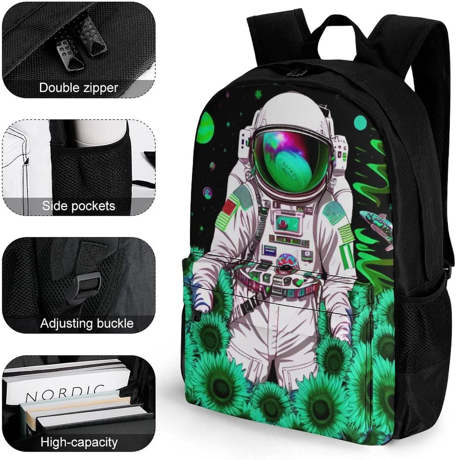 Polyester Daypack Backpack for Trekking Picnic Walking Cycling - Large Capacity Anti-Theft Multipurpose Shoulder Bag, Psychedelic Space Astronaut Sunflower Snake Art Casual Daypack