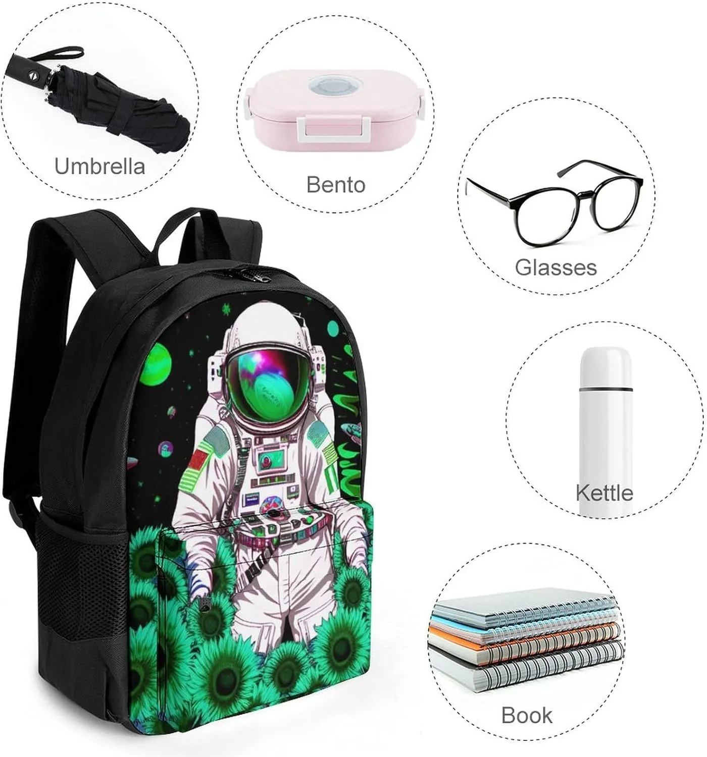 Polyester Daypack Backpack for Trekking Picnic Walking Cycling - Large Capacity Anti-Theft Multipurpose Shoulder Bag, Psychedelic Space Astronaut Sunflower Snake Art Casual Daypack