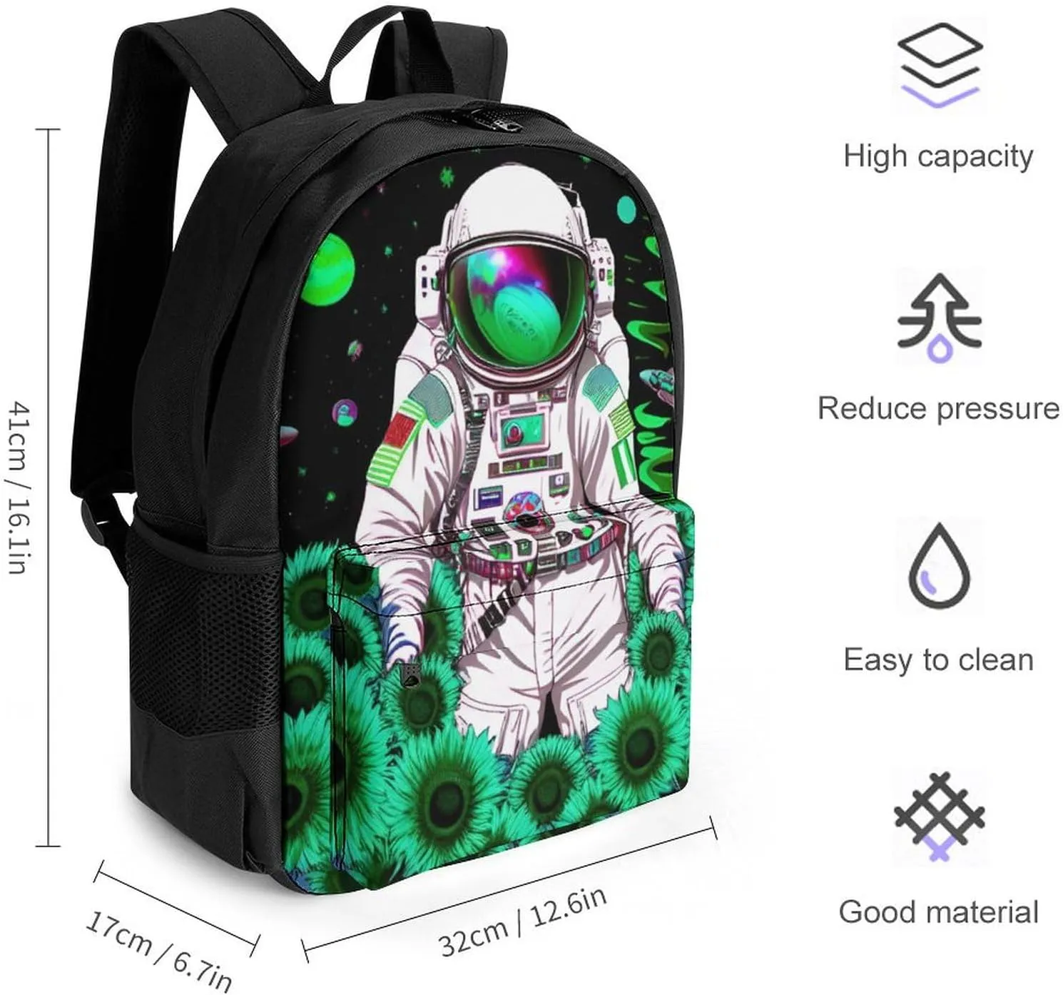 Polyester Daypack Backpack for Trekking Picnic Walking Cycling - Large Capacity Anti-Theft Multipurpose Shoulder Bag, Psychedelic Space Astronaut Sunflower Snake Art Casual Daypack