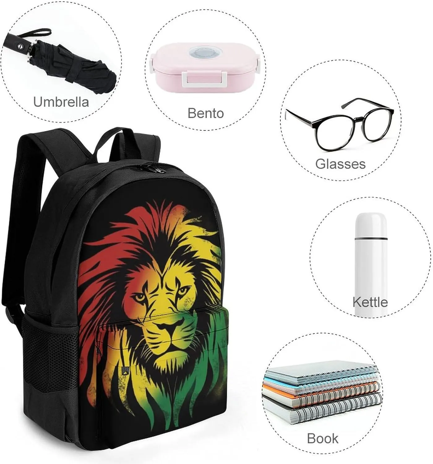 Polyester Daypack Backpack for Trekking Picnic Walking Cycling - Large Capacity Anti-Theft Multipurpose Shoulder Bag, Rasta Lion Black Casual Daypack