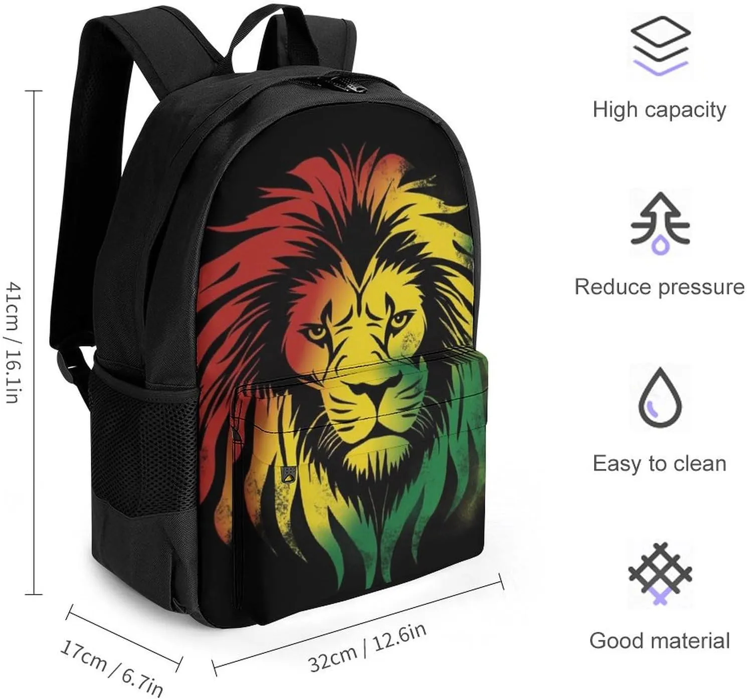 Polyester Daypack Backpack for Trekking Picnic Walking Cycling - Large Capacity Anti-Theft Multipurpose Shoulder Bag, Rasta Lion Black Casual Daypack