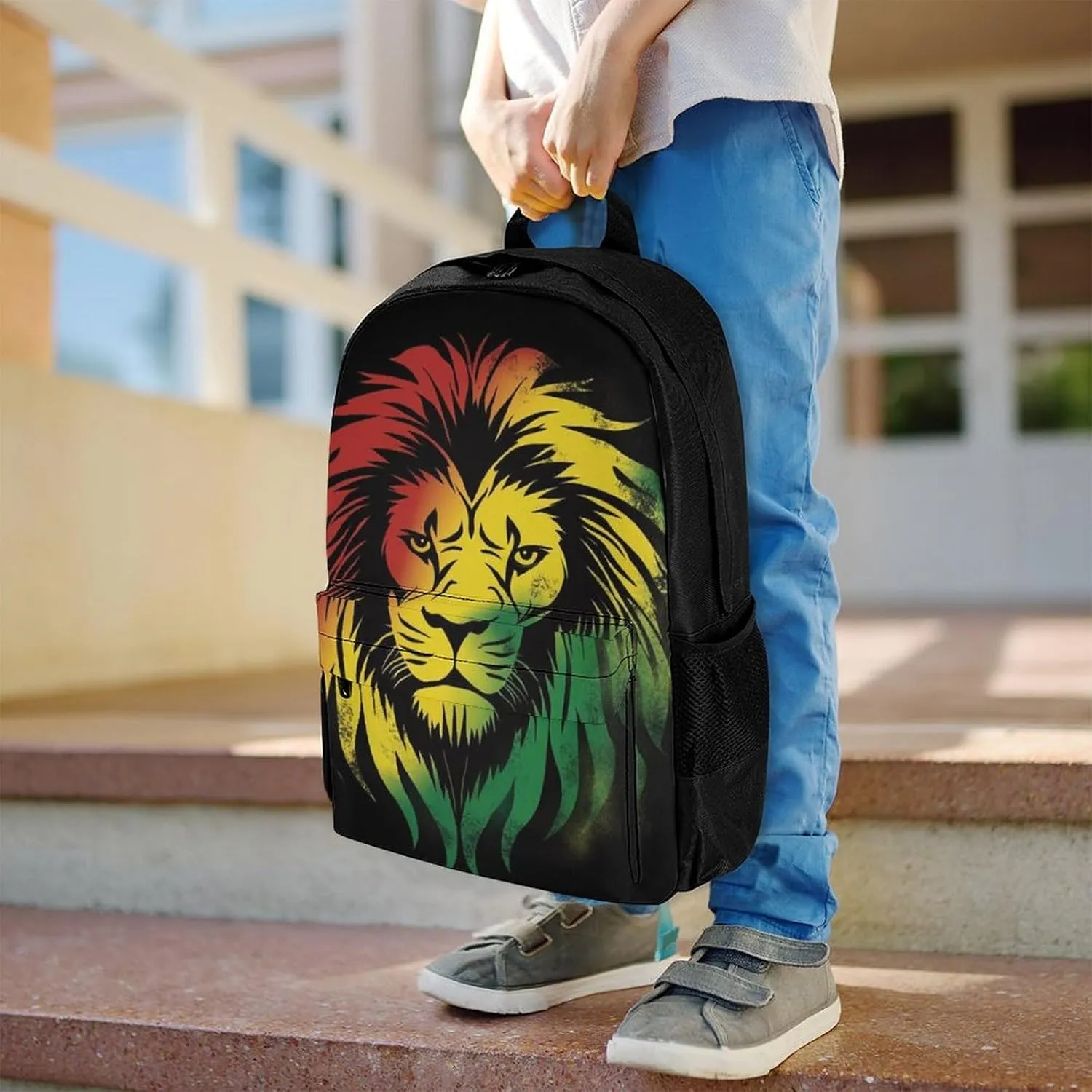 Polyester Daypack Backpack for Trekking Picnic Walking Cycling - Large Capacity Anti-Theft Multipurpose Shoulder Bag, Rasta Lion Black Casual Daypack