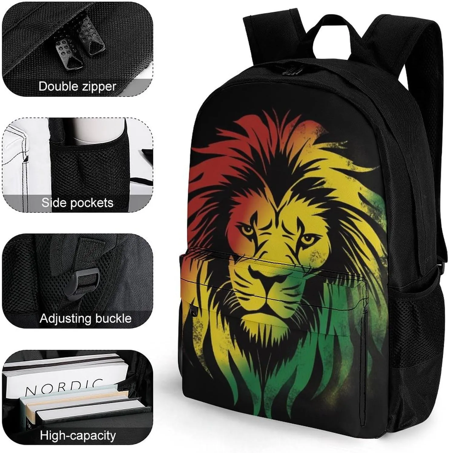 Polyester Daypack Backpack for Trekking Picnic Walking Cycling - Large Capacity Anti-Theft Multipurpose Shoulder Bag, Rasta Lion Black Casual Daypack