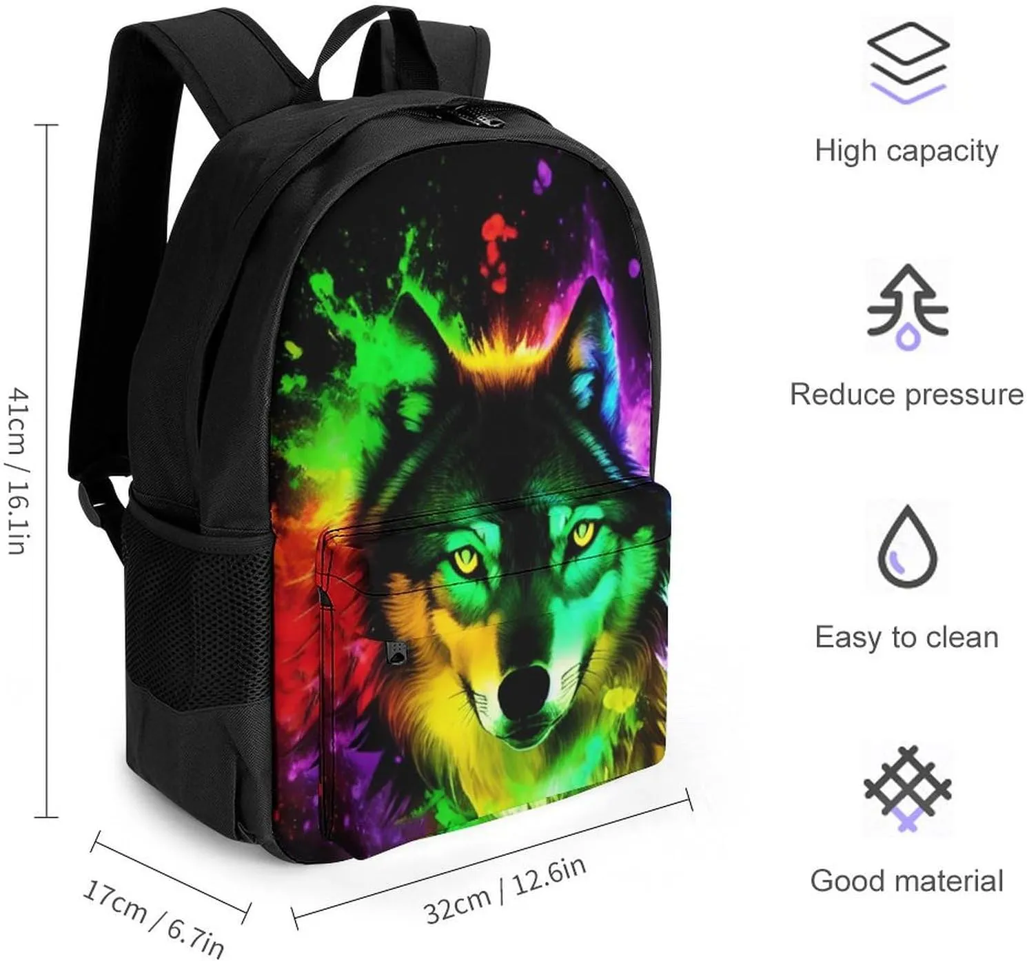 Polyester Daypack Backpack for Trekking Picnic Walking Cycling - Large Capacity Anti-Theft Multipurpose Shoulder Bag, Wolf Colorful Fire Splashes Art Casual Daypack