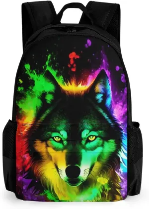 Polyester Daypack Backpack for Trekking Picnic Walking Cycling - Large Capacity Anti-Theft Multipurpose Shoulder Bag, Wolf Colorful Fire Splashes Art Casual Daypack
