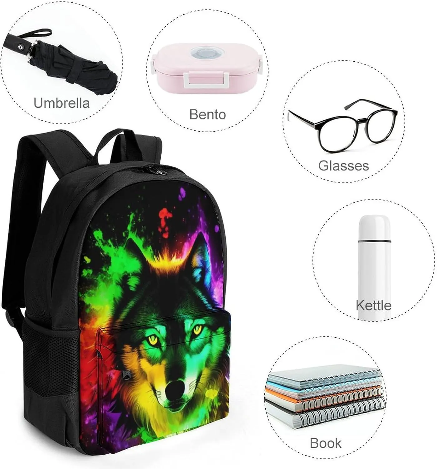 Polyester Daypack Backpack for Trekking Picnic Walking Cycling - Large Capacity Anti-Theft Multipurpose Shoulder Bag, Wolf Colorful Fire Splashes Art Casual Daypack