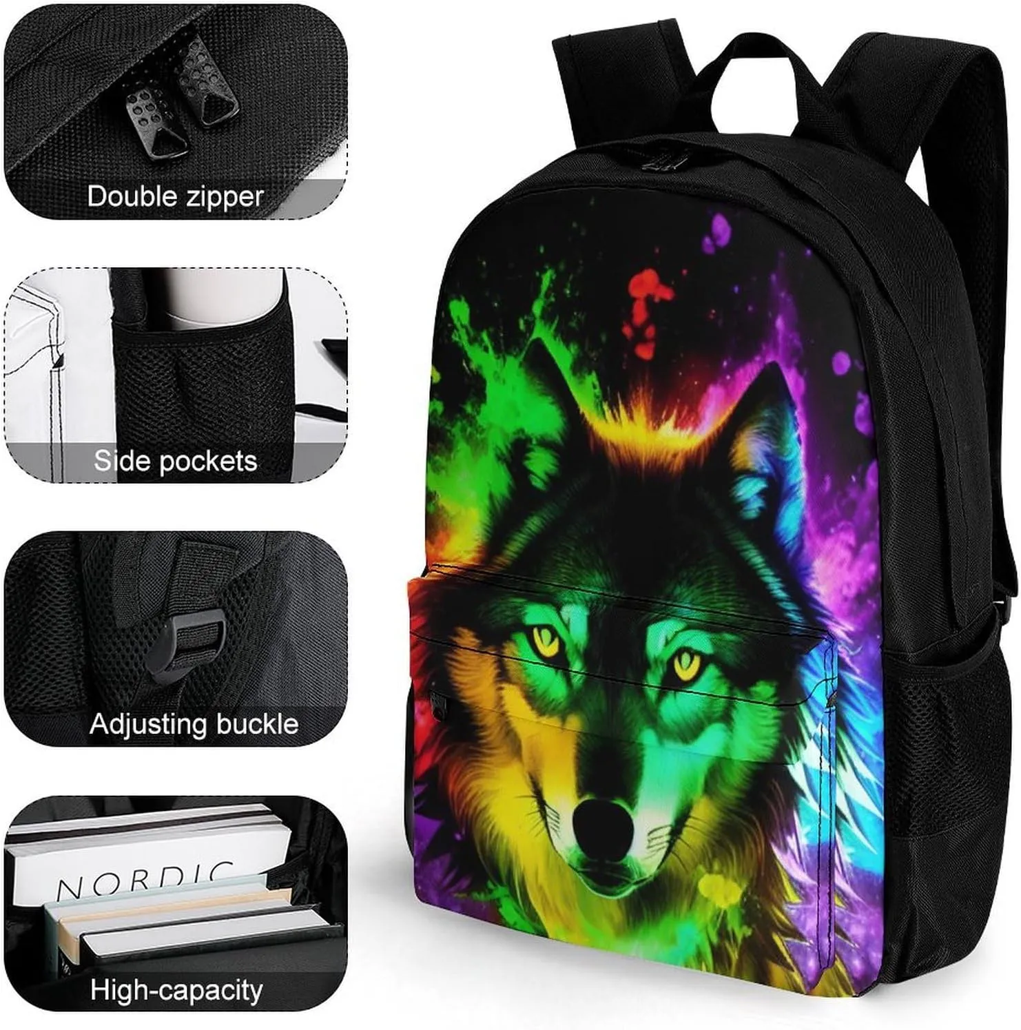 Polyester Daypack Backpack for Trekking Picnic Walking Cycling - Large Capacity Anti-Theft Multipurpose Shoulder Bag, Wolf Colorful Fire Splashes Art Casual Daypack