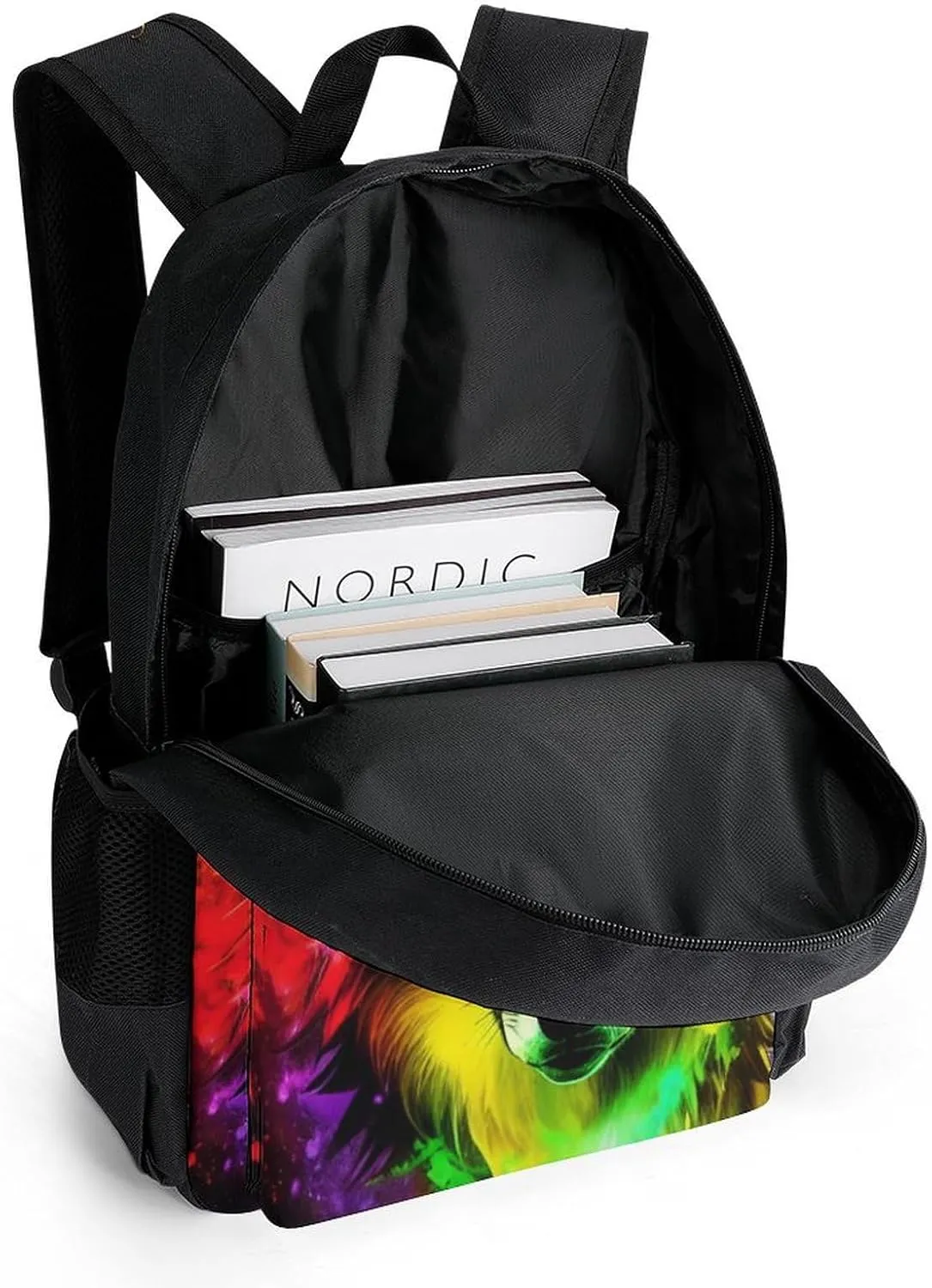 Polyester Daypack Backpack for Trekking Picnic Walking Cycling - Large Capacity Anti-Theft Multipurpose Shoulder Bag, Wolf Colorful Fire Splashes Art Casual Daypack