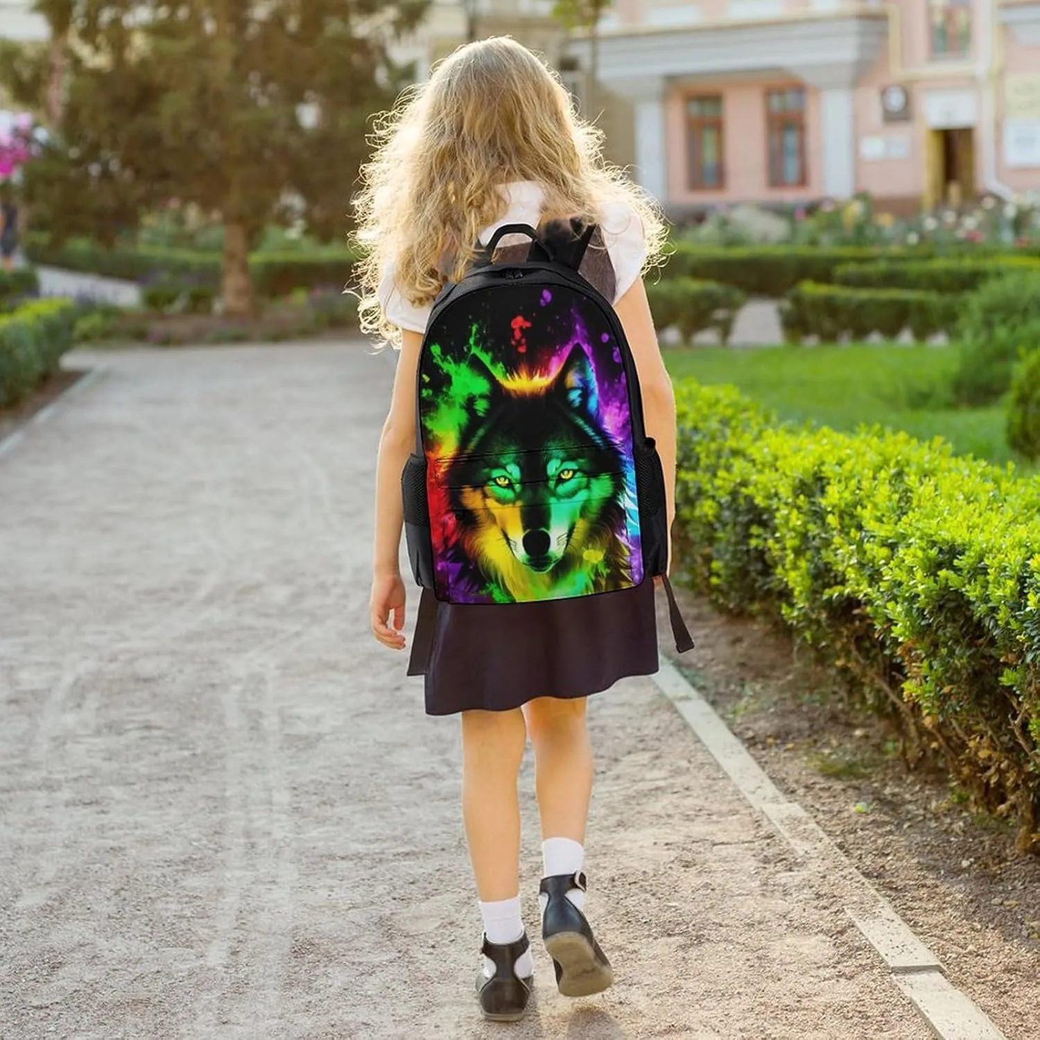 Polyester Daypack Backpack for Trekking Picnic Walking Cycling - Large Capacity Anti-Theft Multipurpose Shoulder Bag, Wolf Colorful Fire Splashes Art Casual Daypack