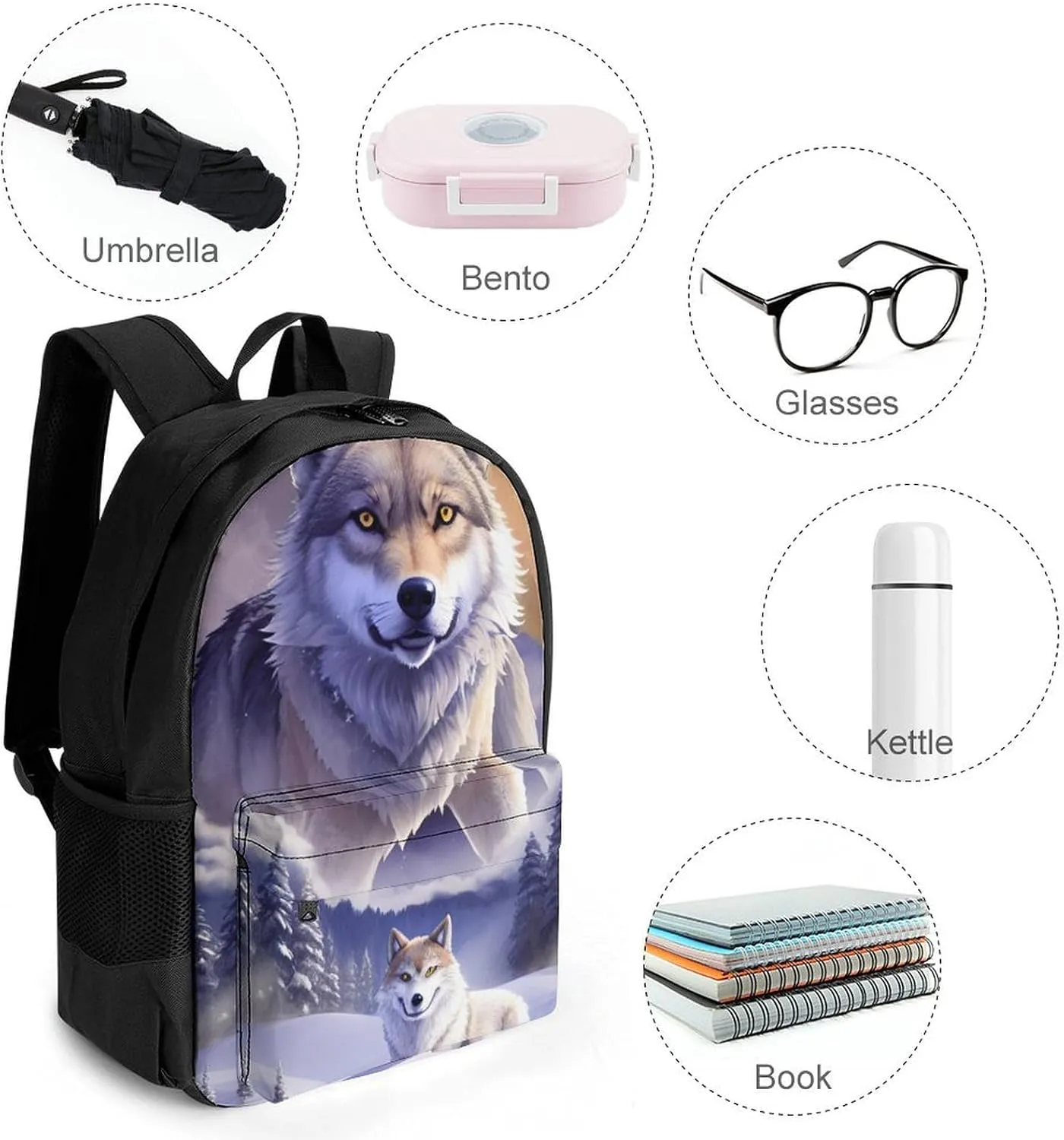 Polyester Daypack Backpack for Trekking Picnic Walking Cycling - Large Capacity Anti-Theft Multipurpose Shoulder Bag, Wolves On Mountain Full Moon In Starry Sky Art Casual Daypack