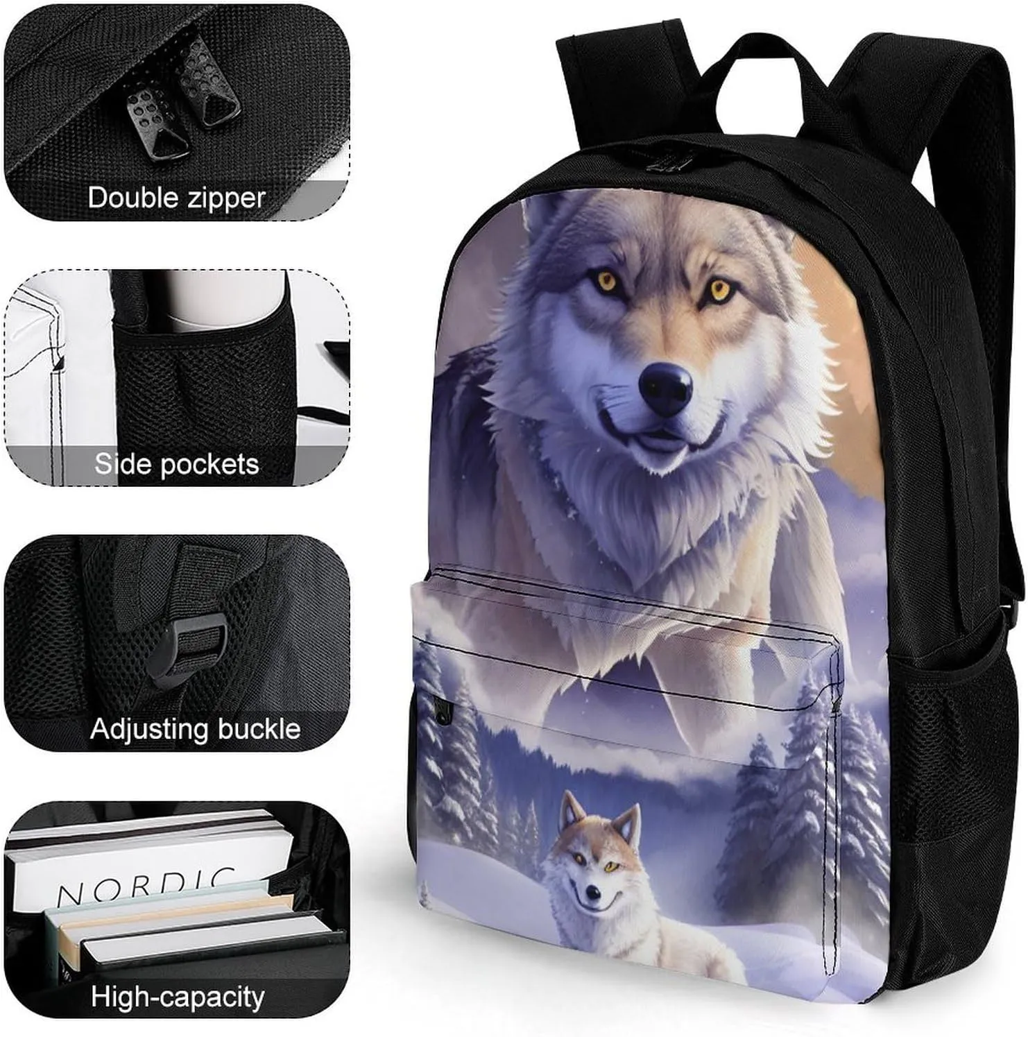 Polyester Daypack Backpack for Trekking Picnic Walking Cycling - Large Capacity Anti-Theft Multipurpose Shoulder Bag, Wolves On Mountain Full Moon In Starry Sky Art Casual Daypack