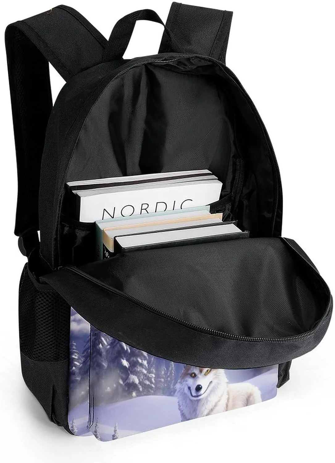 Polyester Daypack Backpack for Trekking Picnic Walking Cycling - Large Capacity Anti-Theft Multipurpose Shoulder Bag, Wolves On Mountain Full Moon In Starry Sky Art Casual Daypack