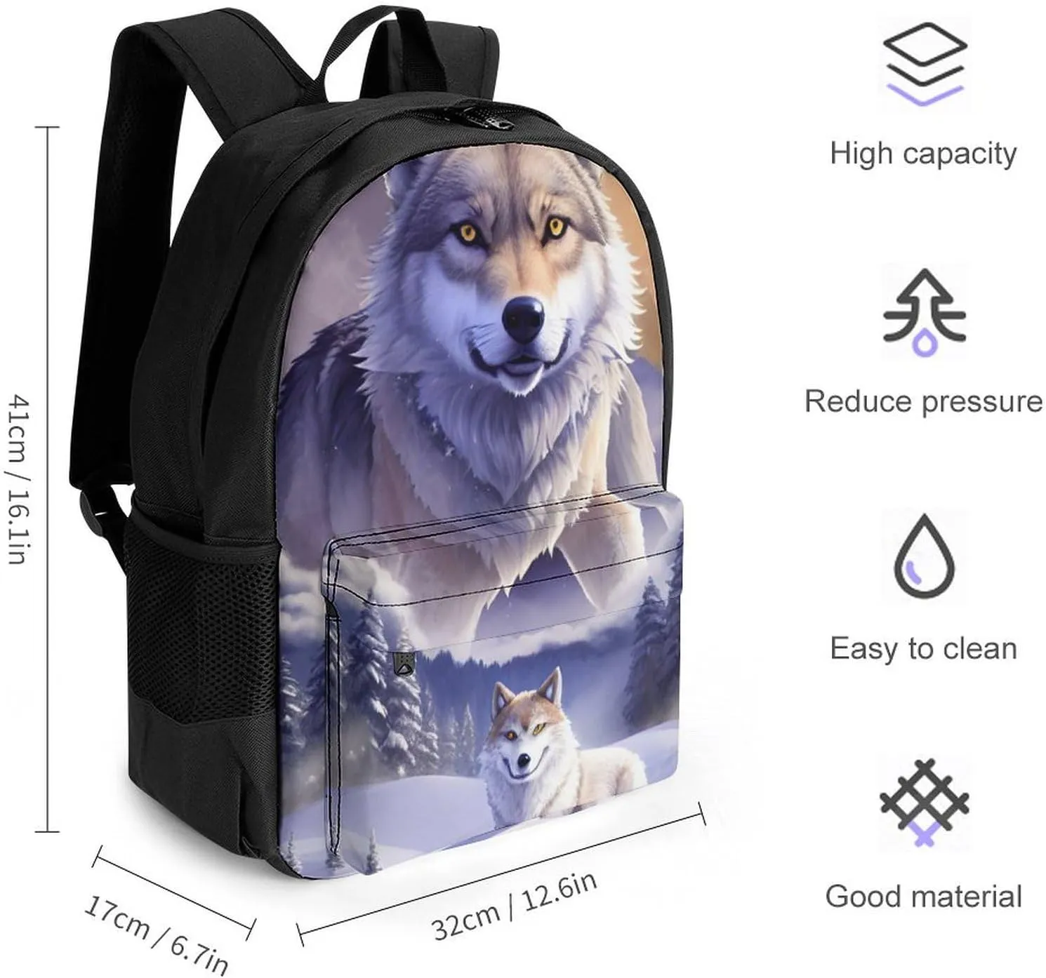 Polyester Daypack Backpack for Trekking Picnic Walking Cycling - Large Capacity Anti-Theft Multipurpose Shoulder Bag, Wolves On Mountain Full Moon In Starry Sky Art Casual Daypack