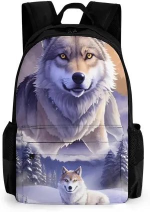 Polyester Daypack Backpack for Trekking Picnic Walking Cycling - Large Capacity Anti-Theft Multipurpose Shoulder Bag, Wolves On Mountain Full Moon In Starry Sky Art Casual Daypack