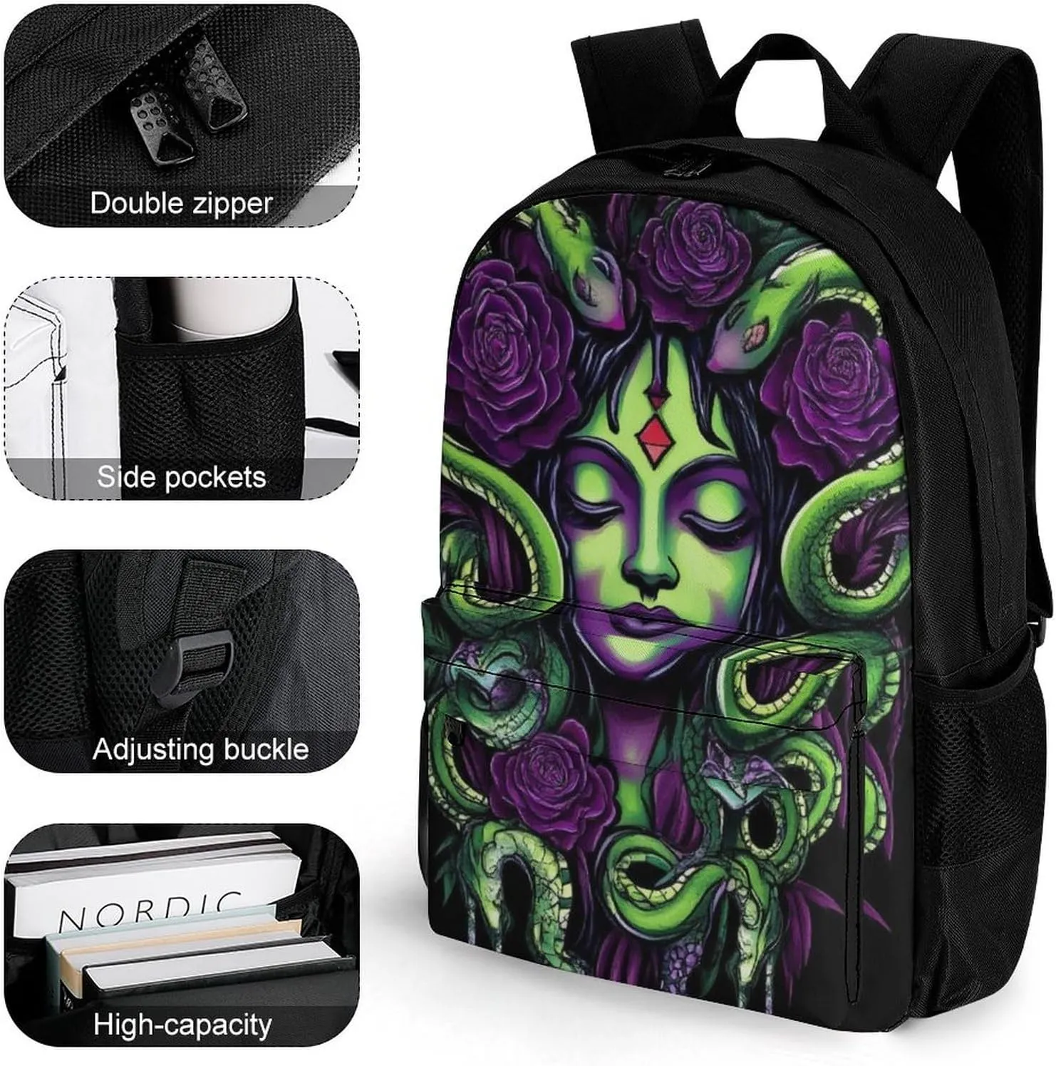 Polyester Daypack Bookbag for Gym Business Bicycle - Large Capacity Multipurpose Anti-Theft Carry On Bag, Greek Goddess Snake Queen Medusa With Purple Rose Art Travel Hiking Daypack