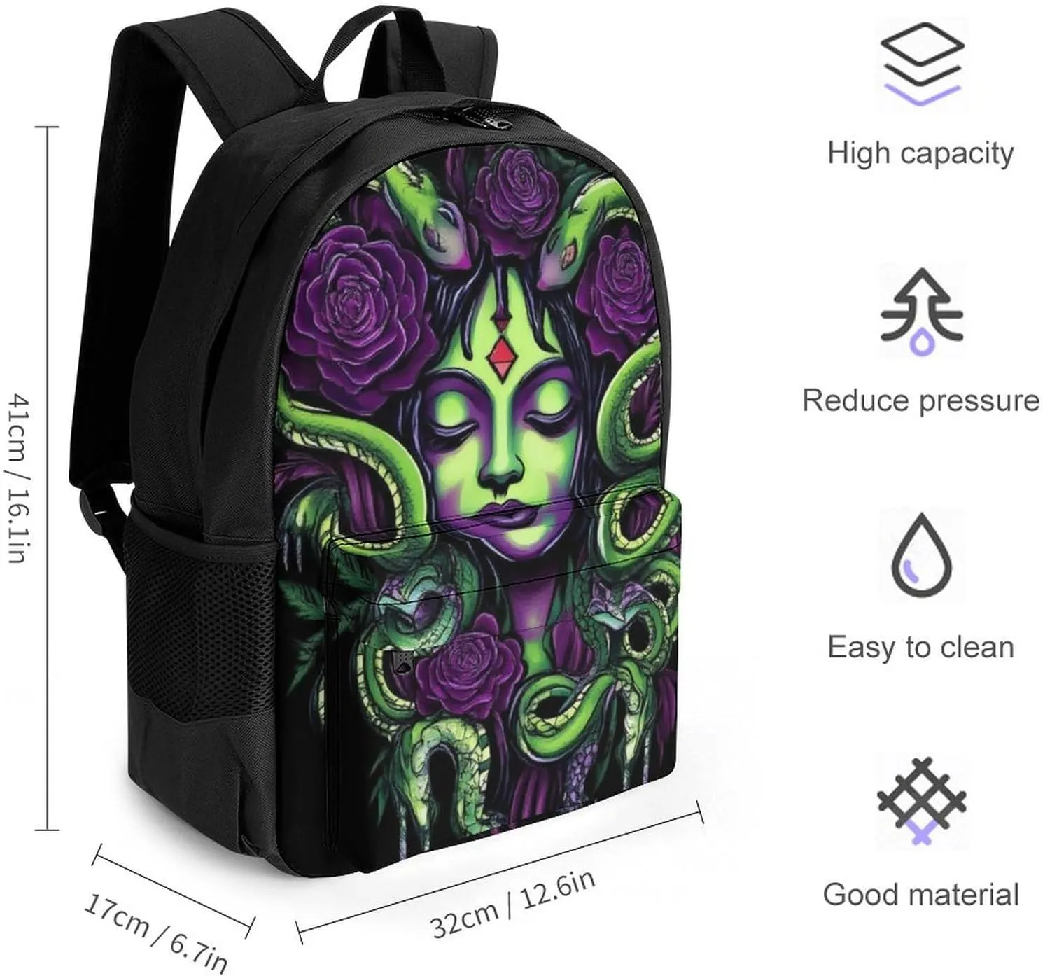 Polyester Daypack Bookbag for Gym Business Bicycle - Large Capacity Multipurpose Anti-Theft Carry On Bag, Greek Goddess Snake Queen Medusa With Purple Rose Art Travel Hiking Daypack