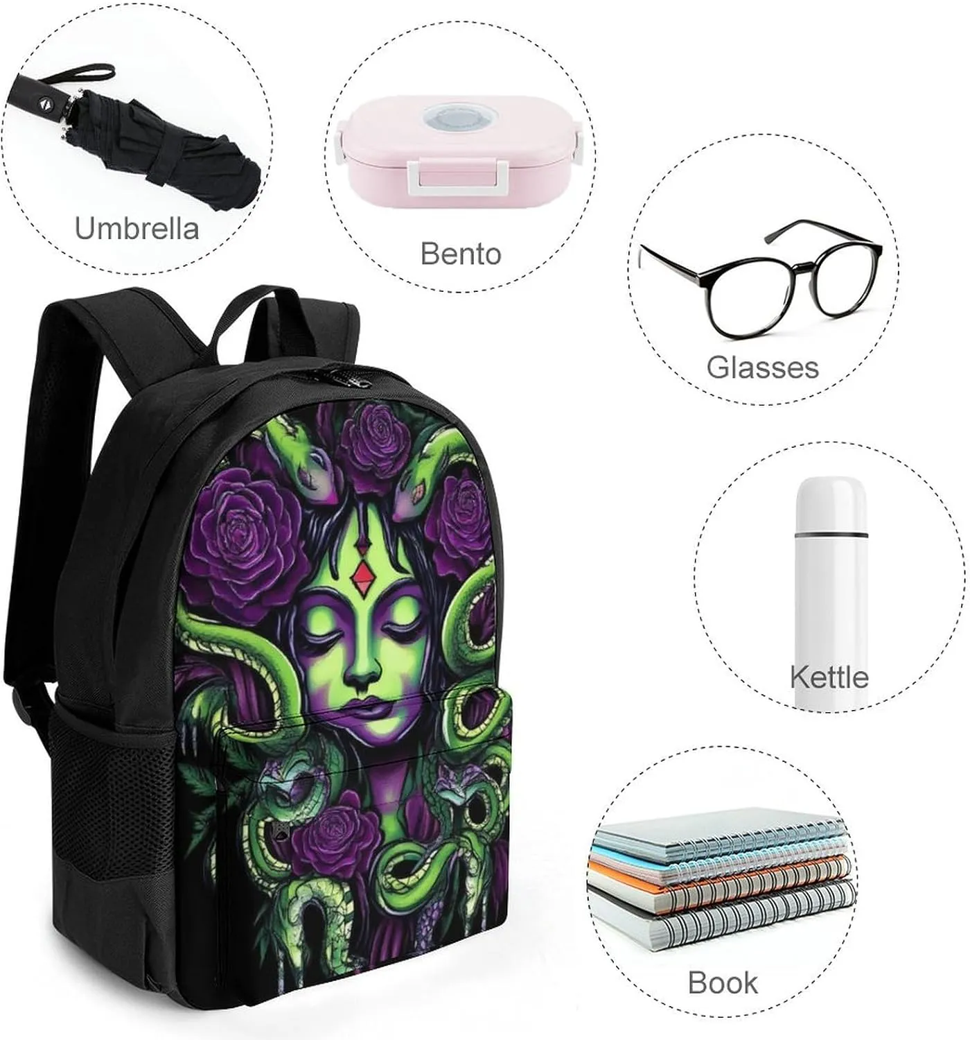 Polyester Daypack Bookbag for Gym Business Bicycle - Large Capacity Multipurpose Anti-Theft Carry On Bag, Greek Goddess Snake Queen Medusa With Purple Rose Art Travel Hiking Daypack