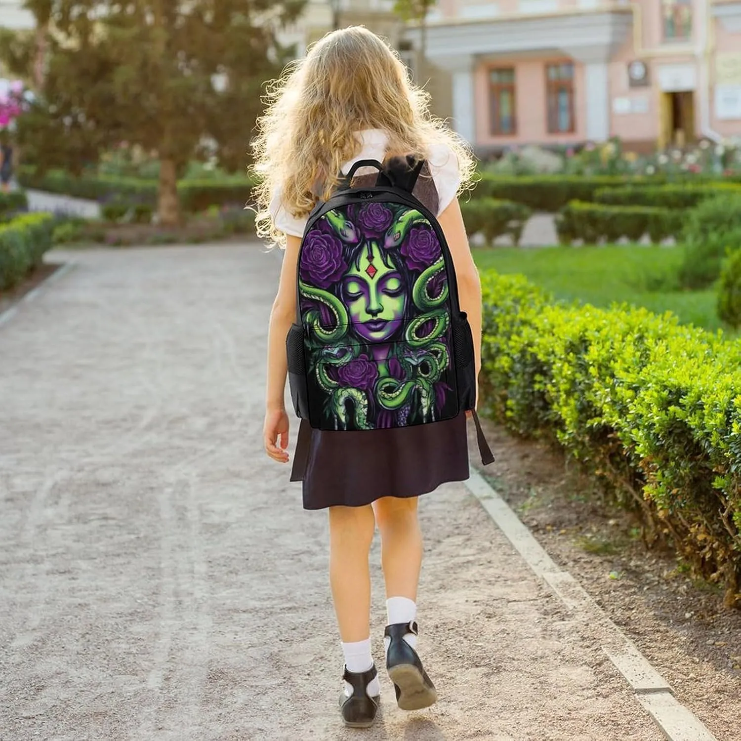 Polyester Daypack Bookbag for Gym Business Bicycle - Large Capacity Multipurpose Anti-Theft Carry On Bag, Greek Goddess Snake Queen Medusa With Purple Rose Art Travel Hiking Daypack