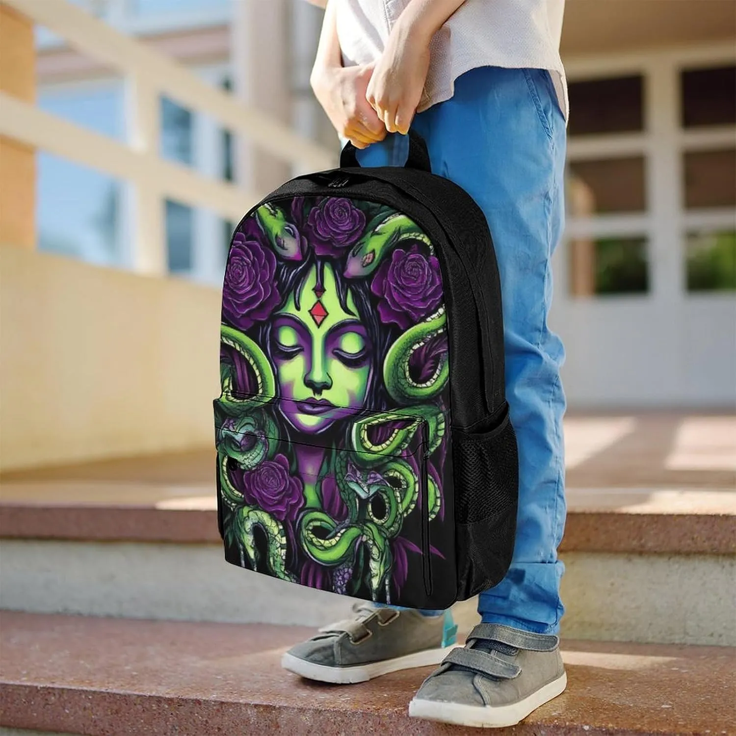 Polyester Daypack Bookbag for Gym Business Bicycle - Large Capacity Multipurpose Anti-Theft Carry On Bag, Greek Goddess Snake Queen Medusa With Purple Rose Art Travel Hiking Daypack