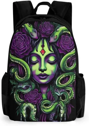 Polyester Daypack Bookbag for Gym Business Bicycle - Large Capacity Multipurpose Anti-Theft Carry On Bag, Greek Goddess Snake Queen Medusa With Purple Rose Art Travel Hiking Daypack