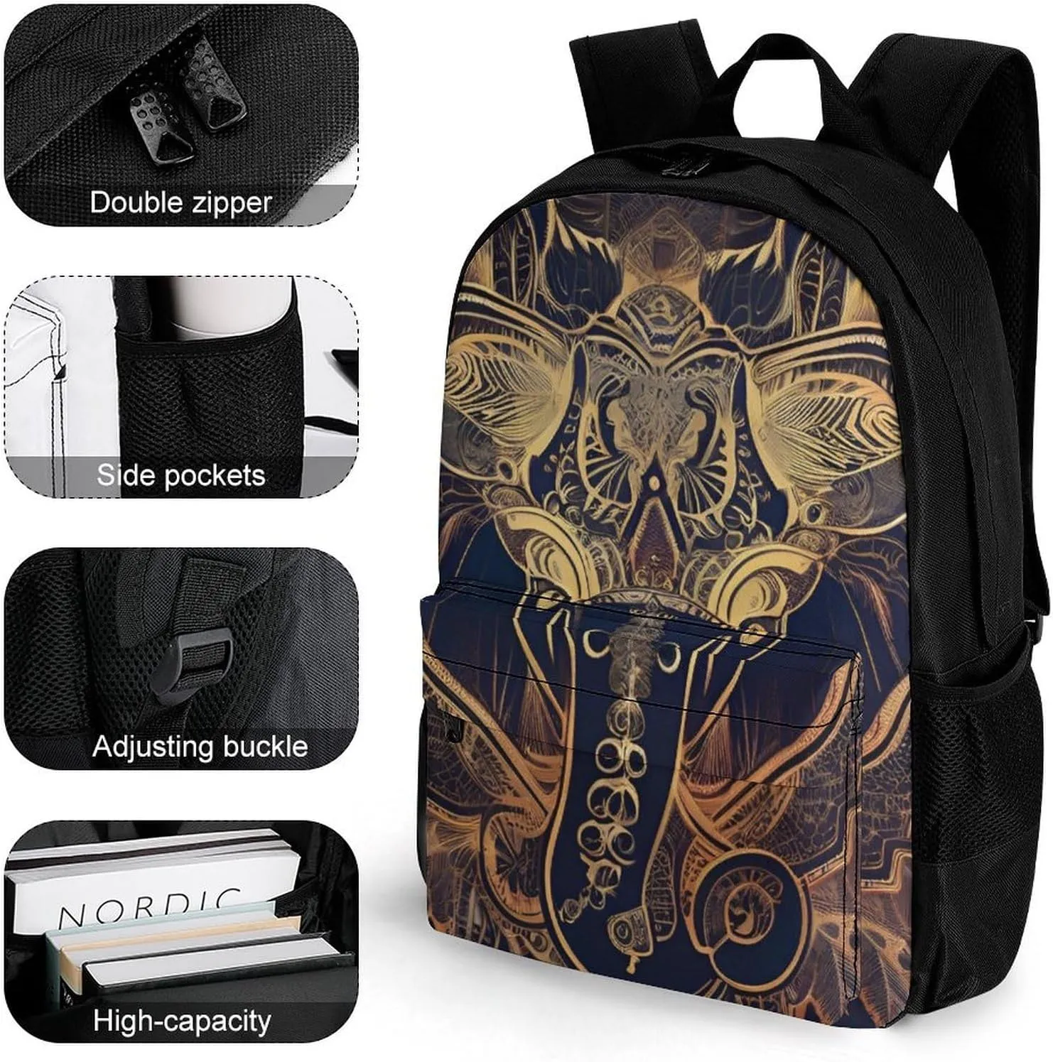 Polyester Daypack for Camping Travel Walking Cycling - Big Capacity Anti-Theft Multipurpose Bookbag, Beautiful Paisley Elephant Art Camping Outdoor Backpack