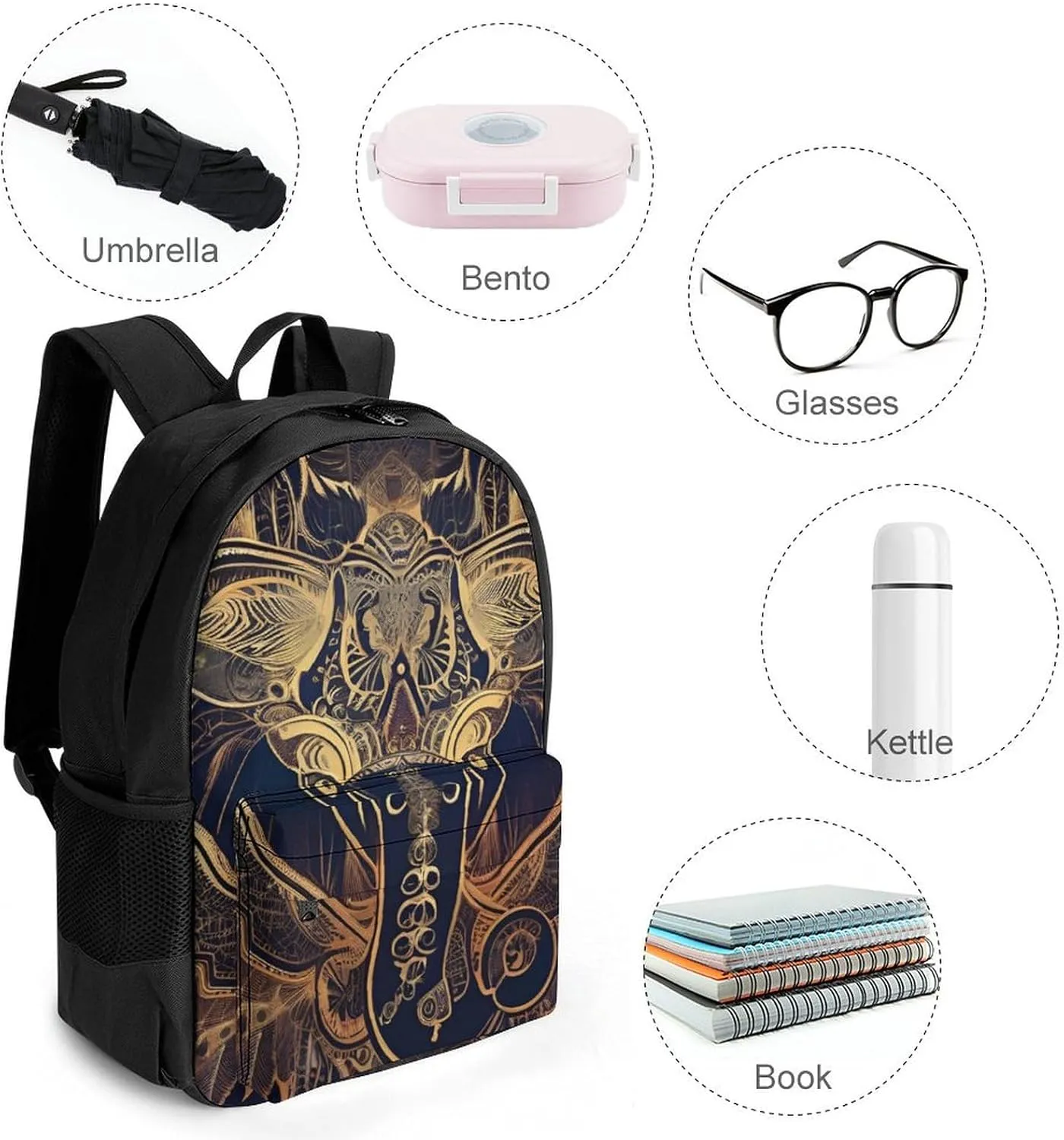 Polyester Daypack for Camping Travel Walking Cycling - Big Capacity Anti-Theft Multipurpose Bookbag, Beautiful Paisley Elephant Art Camping Outdoor Backpack