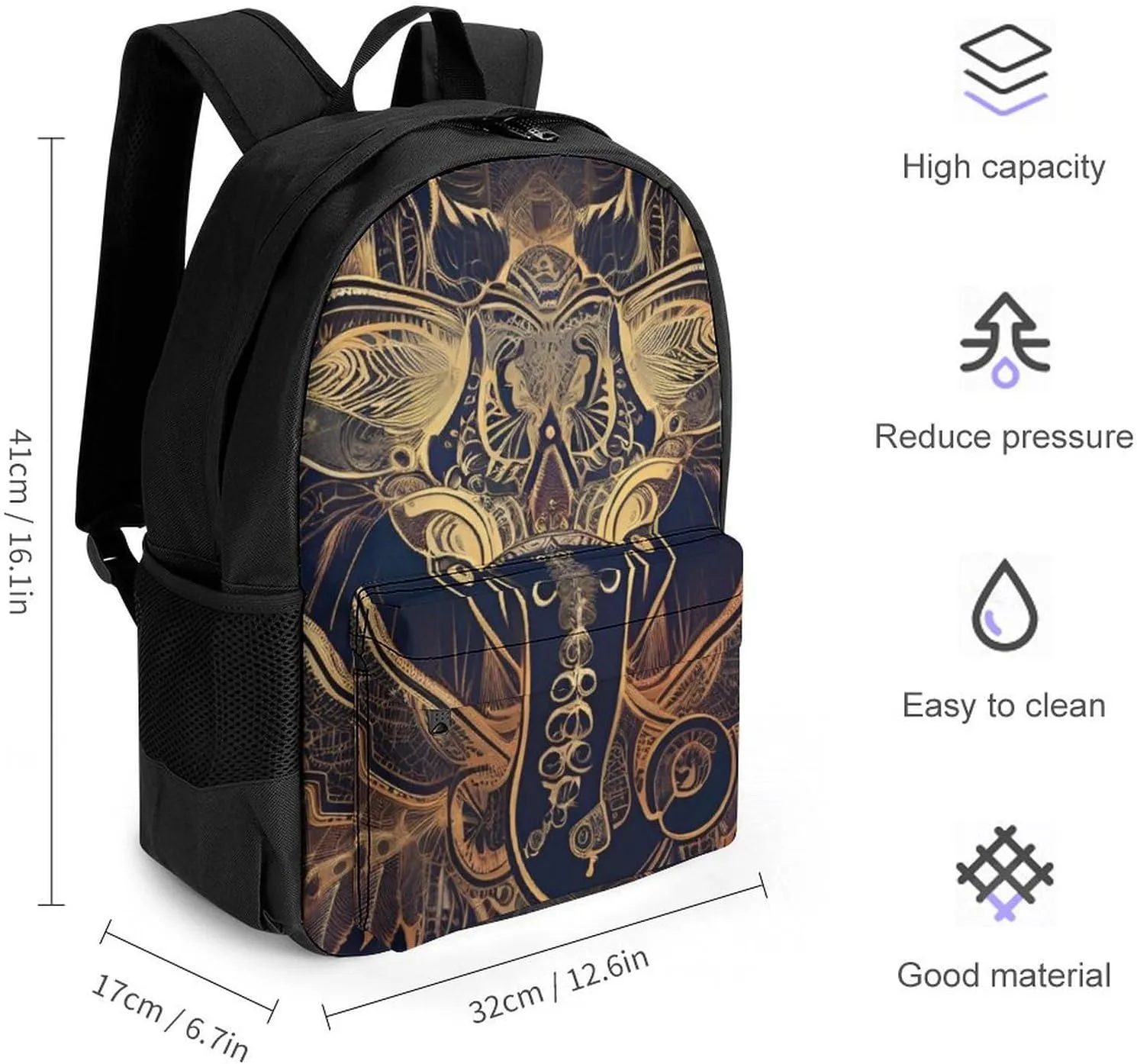 Polyester Daypack for Camping Travel Walking Cycling - Big Capacity Anti-Theft Multipurpose Bookbag, Beautiful Paisley Elephant Art Camping Outdoor Backpack