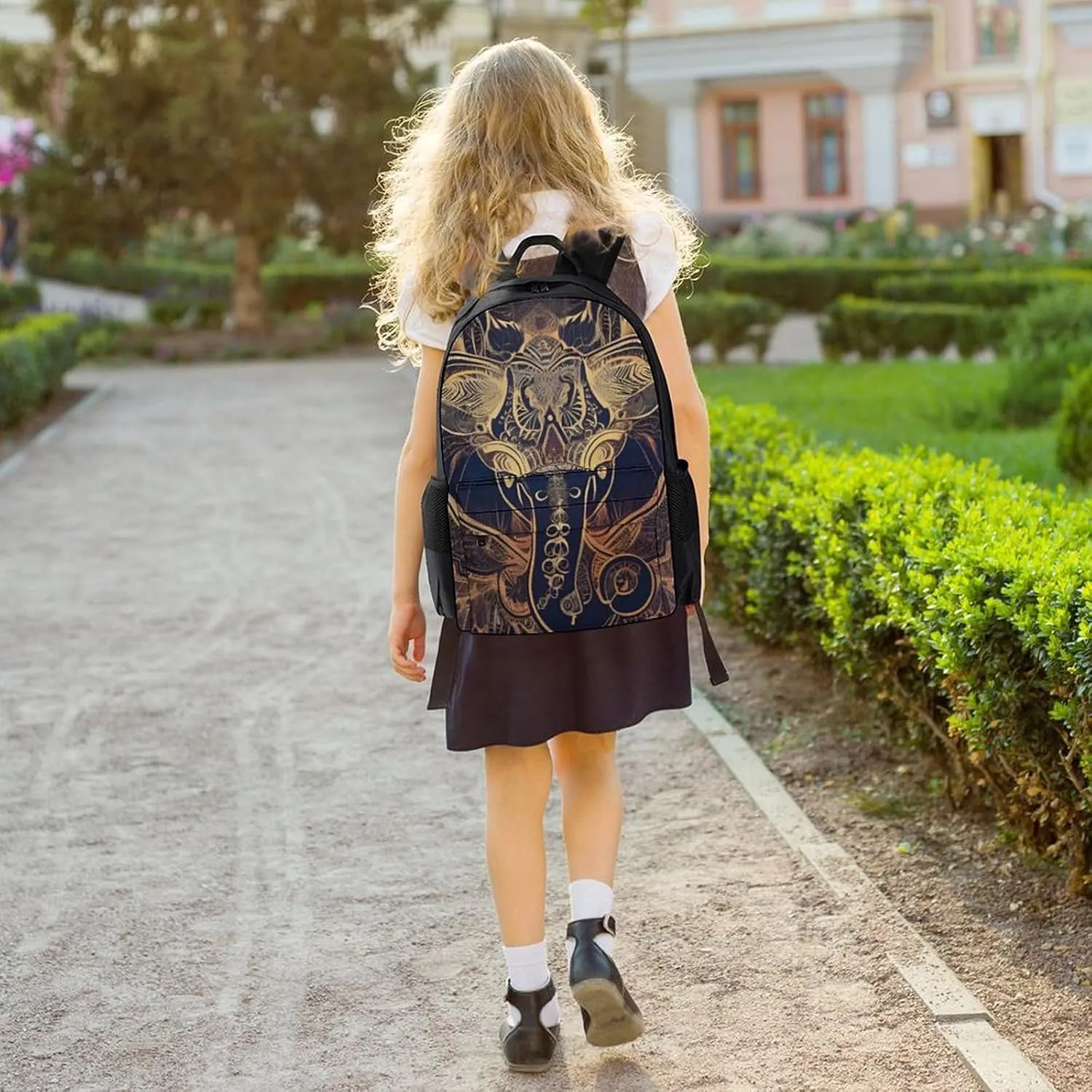 Polyester Daypack for Camping Travel Walking Cycling - Big Capacity Anti-Theft Multipurpose Bookbag, Beautiful Paisley Elephant Art Camping Outdoor Backpack