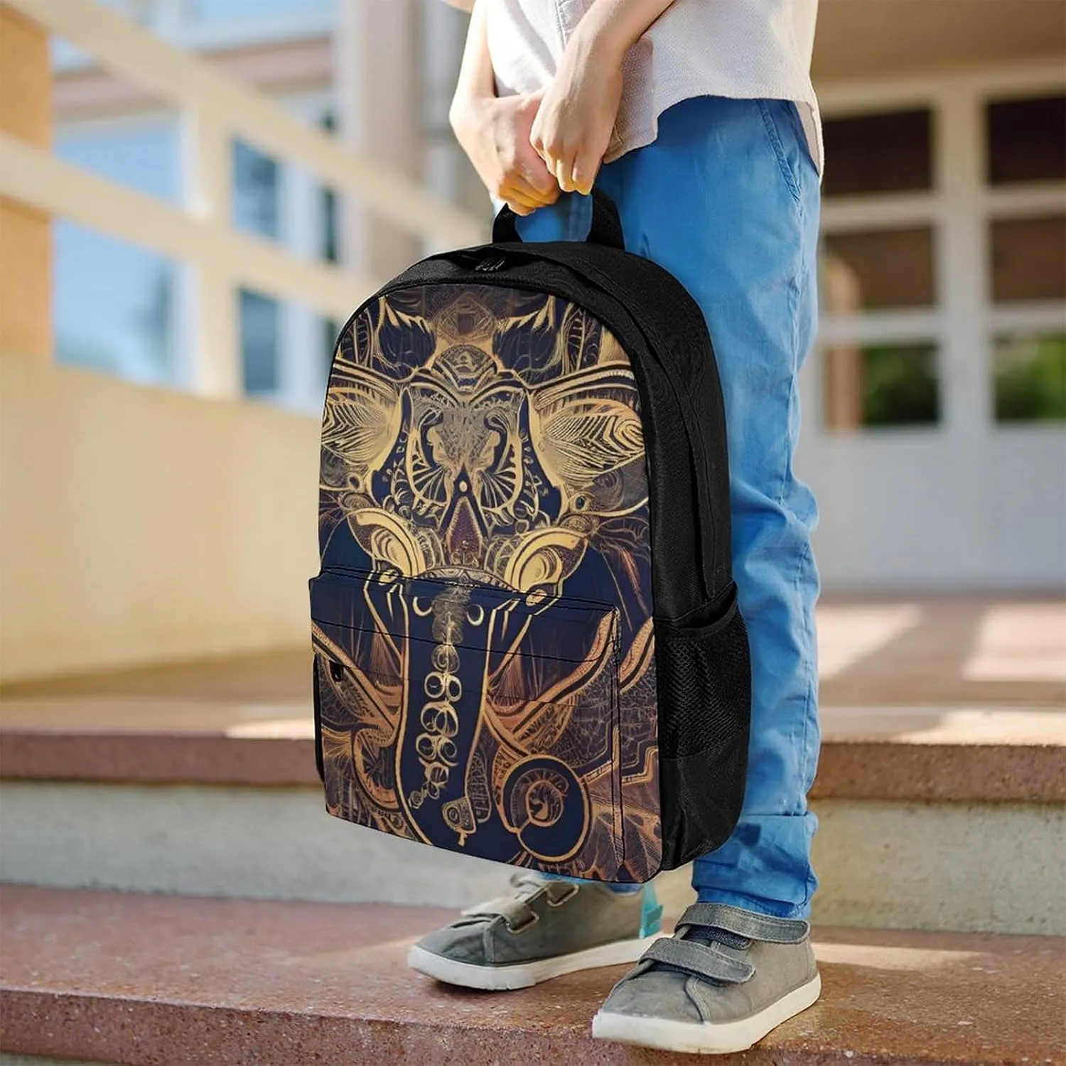 Polyester Daypack for Camping Travel Walking Cycling - Big Capacity Anti-Theft Multipurpose Bookbag, Beautiful Paisley Elephant Art Camping Outdoor Backpack