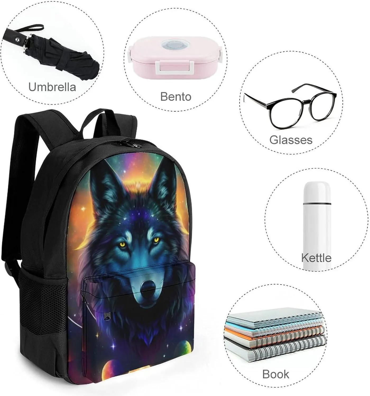 Polyester Daypack for Camping Travel Walking Cycling - Big Capacity Anti-Theft Multipurpose Bookbag, Galaxy Psychedelic Wolf Night Sky Space Art Camping Outdoor Backpack