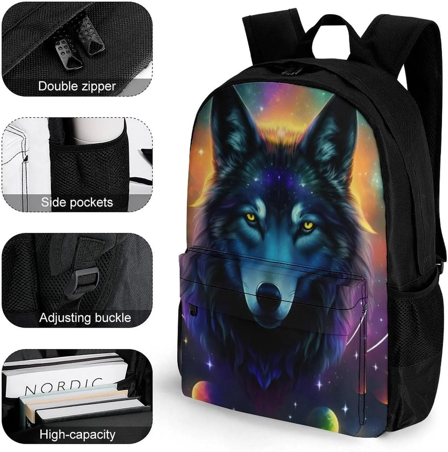 Polyester Daypack for Camping Travel Walking Cycling - Big Capacity Anti-Theft Multipurpose Bookbag, Galaxy Psychedelic Wolf Night Sky Space Art Camping Outdoor Backpack