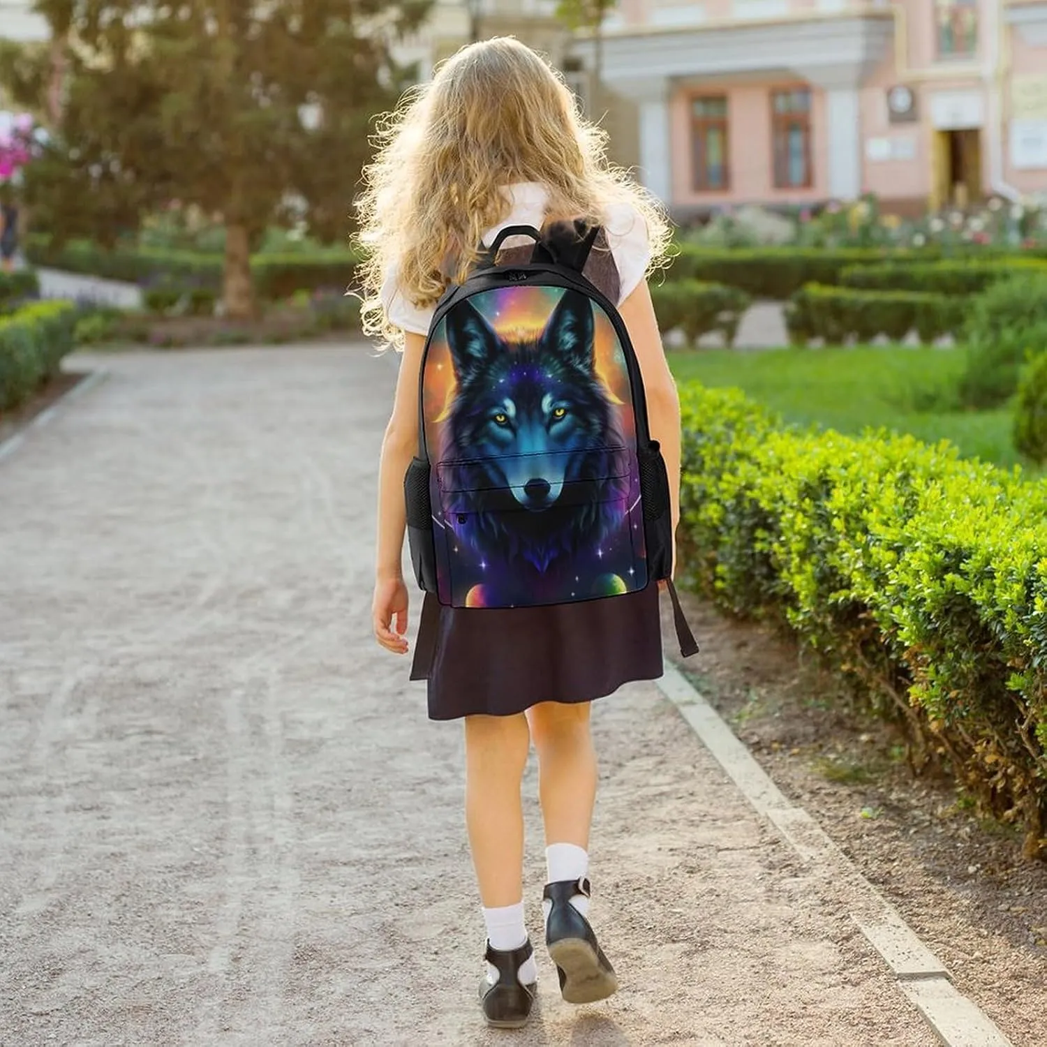 Polyester Daypack for Camping Travel Walking Cycling - Big Capacity Anti-Theft Multipurpose Bookbag, Galaxy Psychedelic Wolf Night Sky Space Art Camping Outdoor Backpack