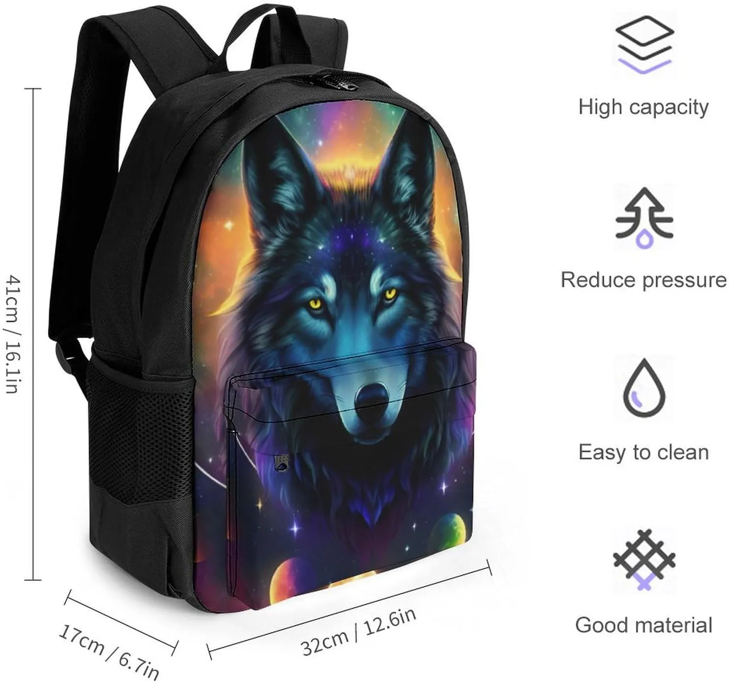Polyester Daypack for Camping Travel Walking Cycling - Big Capacity Anti-Theft Multipurpose Bookbag, Galaxy Psychedelic Wolf Night Sky Space Art Camping Outdoor Backpack