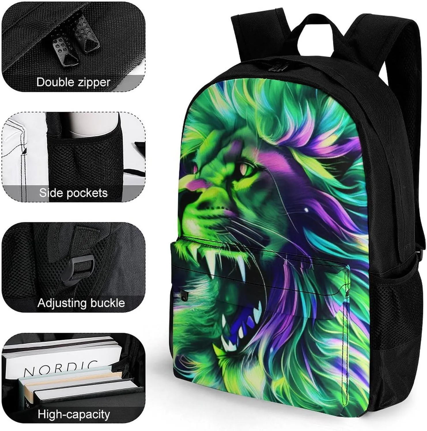 Polyester Daypack for Camping Travel Walking Cycling - Big Capacity Anti-Theft Multipurpose Bookbag, Lion Howling Art Camping Outdoor Backpack