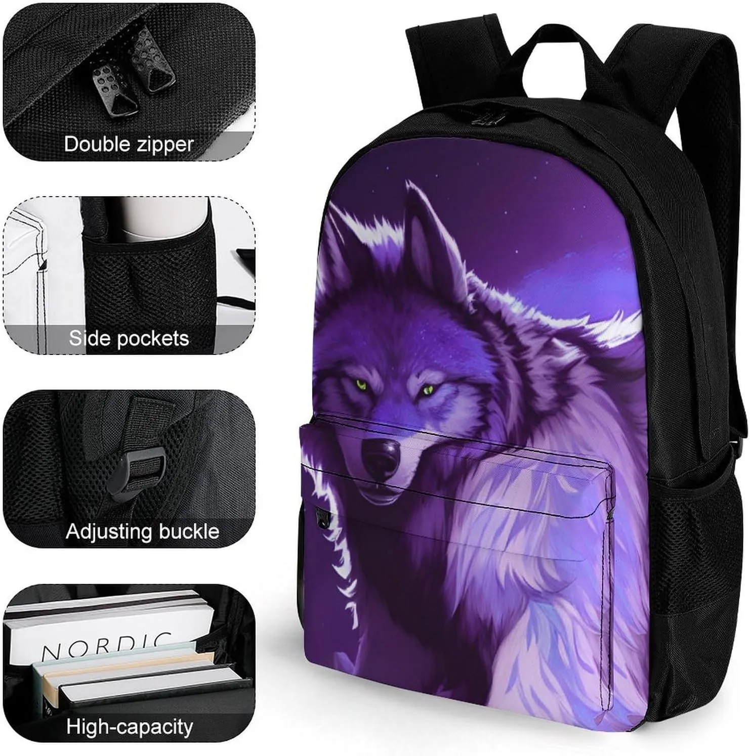 Polyester Daypack for Camping Travel Walking Cycling - Big Capacity Anti-Theft Multipurpose Bookbag, Space Wolf Starry Sky Jungle River Scenery Art Camping Outdoor Backpack