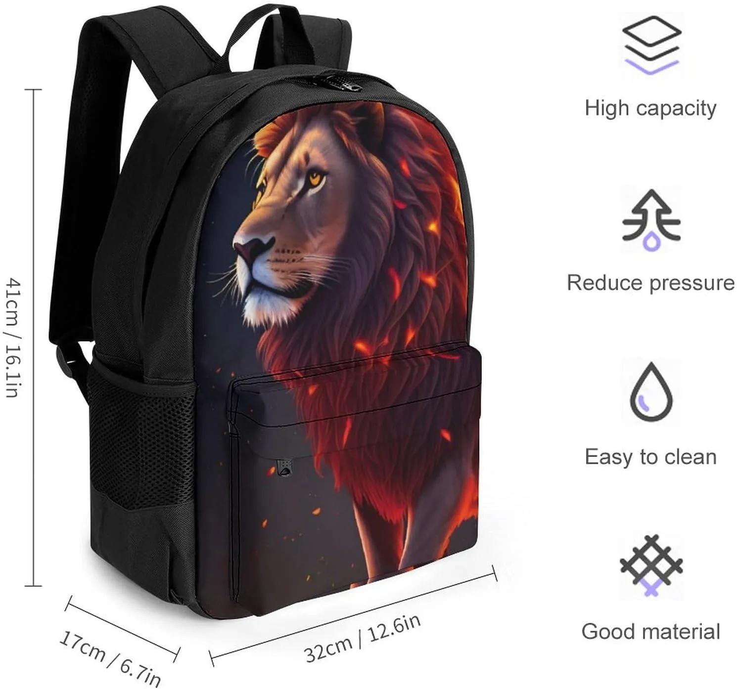 Polyester Daypack for Hiking Work Running - Big Capacity Anti-Theft Multipurpose Shoulder Bag, Cool Lion Fire Surreal Style Art Travel and Sport Backpack Rucksack