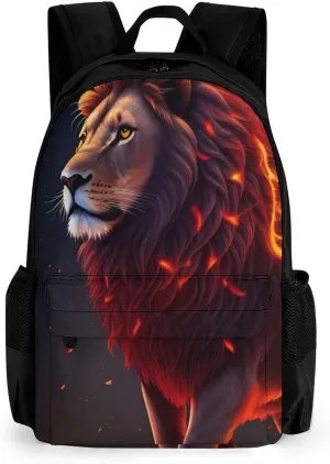 Polyester Daypack for Hiking Work Running - Big Capacity Anti-Theft Multipurpose Shoulder Bag, Cool Lion Fire Surreal Style Art Travel and Sport Backpack Rucksack