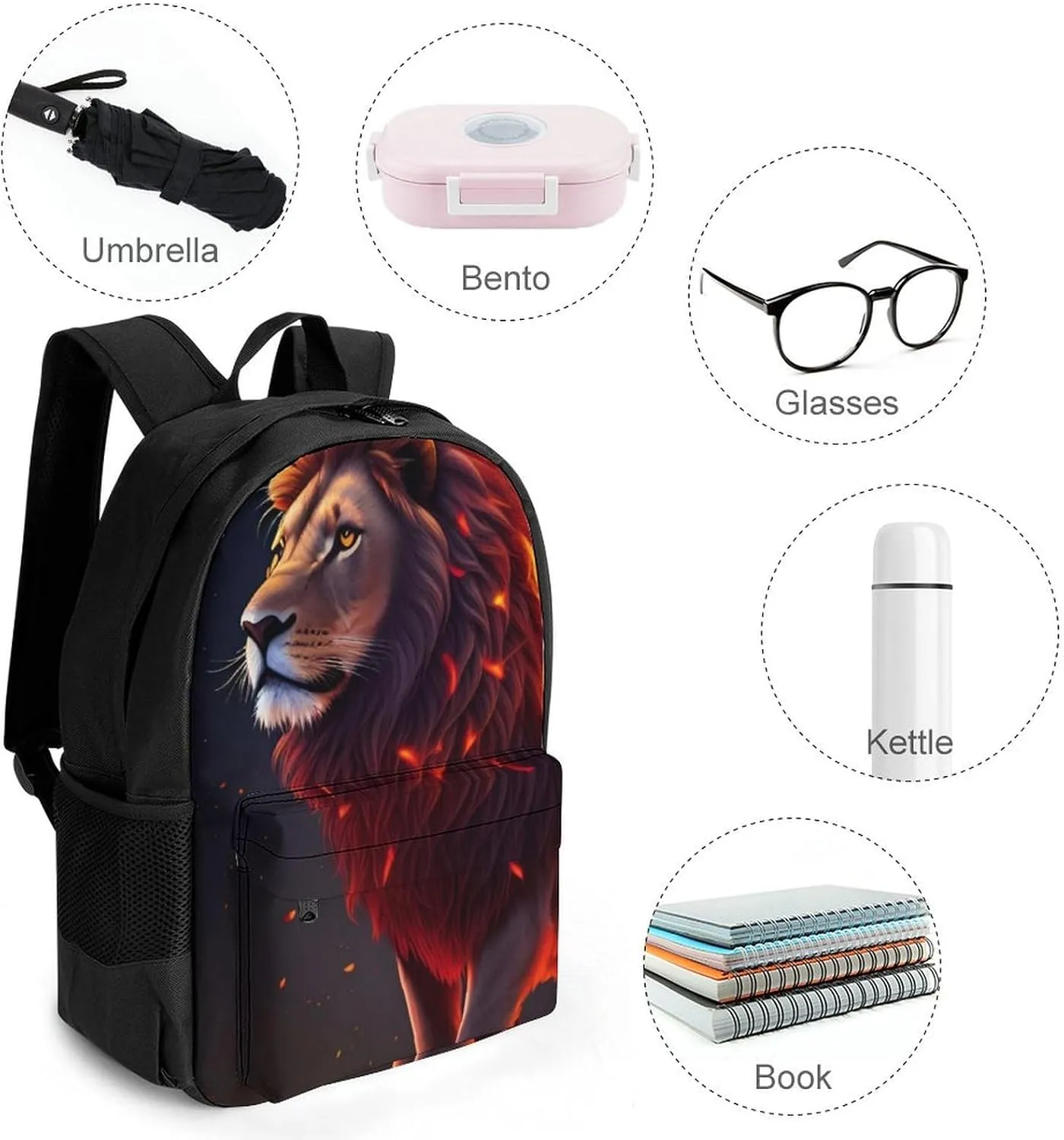 Polyester Daypack for Hiking Work Running - Big Capacity Anti-Theft Multipurpose Shoulder Bag, Cool Lion Fire Surreal Style Art Travel and Sport Backpack Rucksack