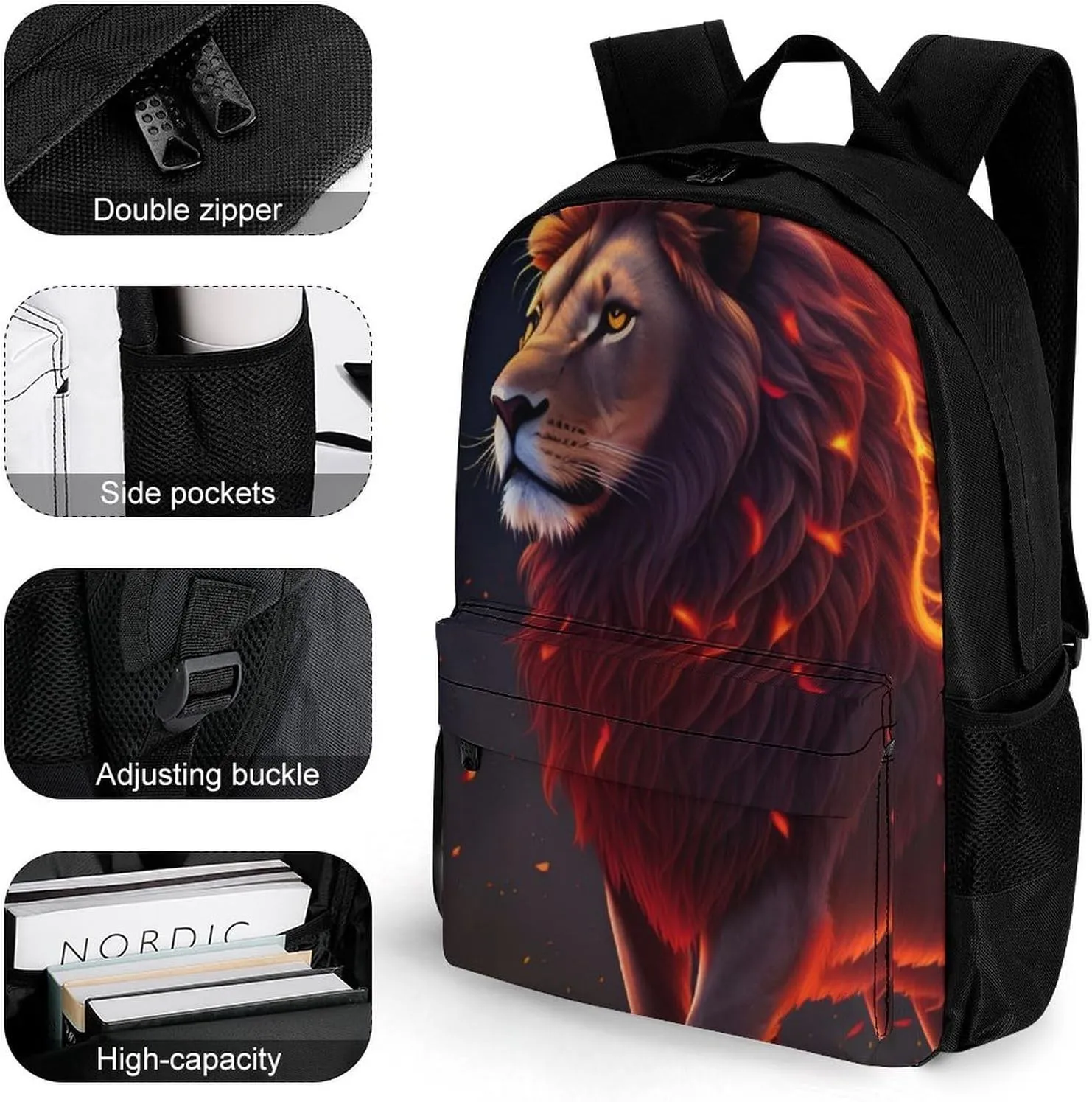 Polyester Daypack for Hiking Work Running - Big Capacity Anti-Theft Multipurpose Shoulder Bag, Cool Lion Fire Surreal Style Art Travel and Sport Backpack Rucksack