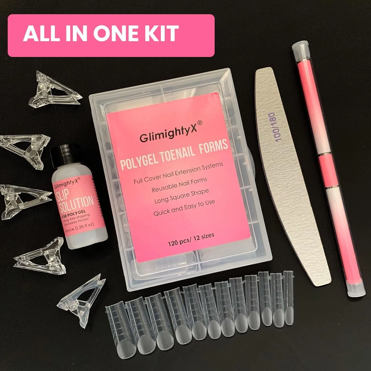 Polygel Nail Forms Kit for Toes , Reusable Toenails Dual Forms for Polygel with 1.35Oz Nail Slip Solution Anti-Stick,With Dual-Ended Brush,Nail File and Nail Clips,12 Sizes 120Pcs