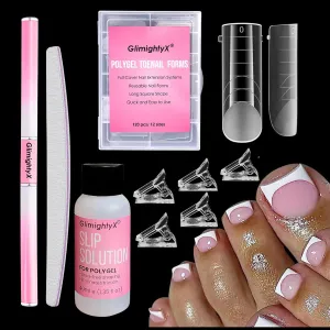 Polygel Nail Forms Kit for Toes , Reusable Toenails Dual Forms for Polygel with 1.35Oz Nail Slip Solution Anti-Stick,With Dual-Ended Brush,Nail File and Nail Clips,12 Sizes 120Pcs
