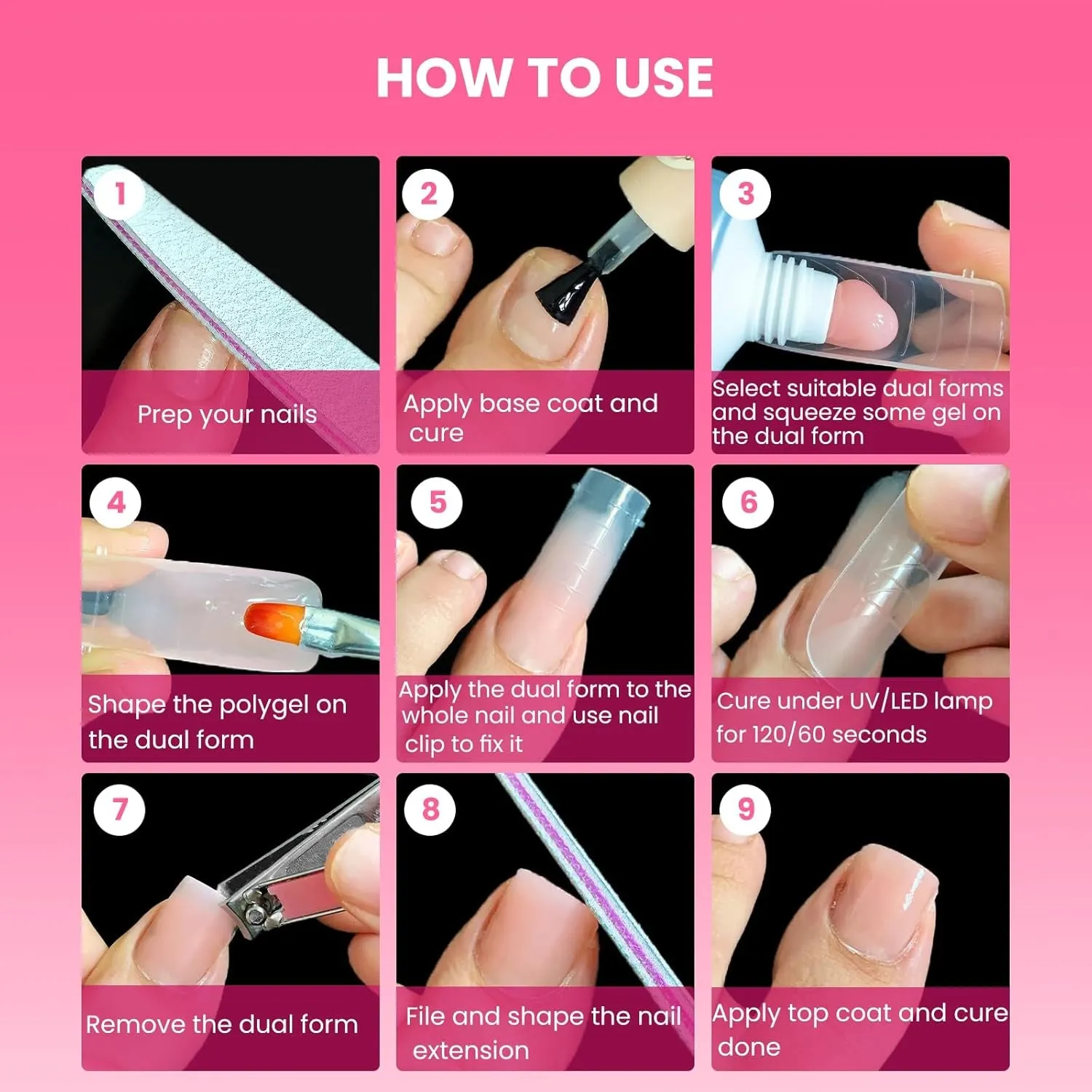 Polygel Nail Forms Kit for Toes , Reusable Toenails Dual Forms for Polygel with 1.35Oz Nail Slip Solution Anti-Stick,With Dual-Ended Brush,Nail File and Nail Clips,12 Sizes 120Pcs