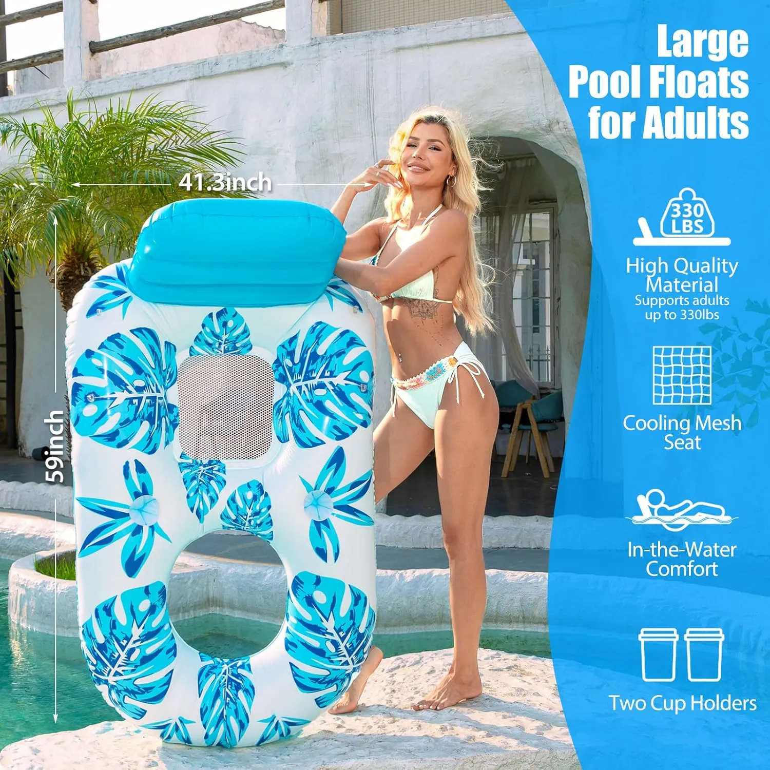Pool Lounge Float- Pool Float Lounge Raft Floaties Water Floating Recliner Chair with Cup Holders Footrest Swimming Floats