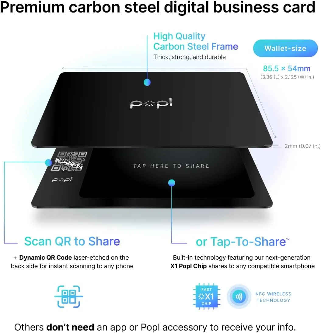 Popl Metal Digital Business Card - Smart NFC Networking Card - Tap to Share - iPhone & Android (Metal Black)