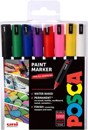 Posca PC-1MR Permanent Marker Paint Pens, Ultra Fine Tip, Multi Surface Use On Wood Metal Paper Canvas Cardboard Glass Fabric Ceramic Rock Pebble Porcelain, Set of 8 x 0.7 mm, Standard Colours