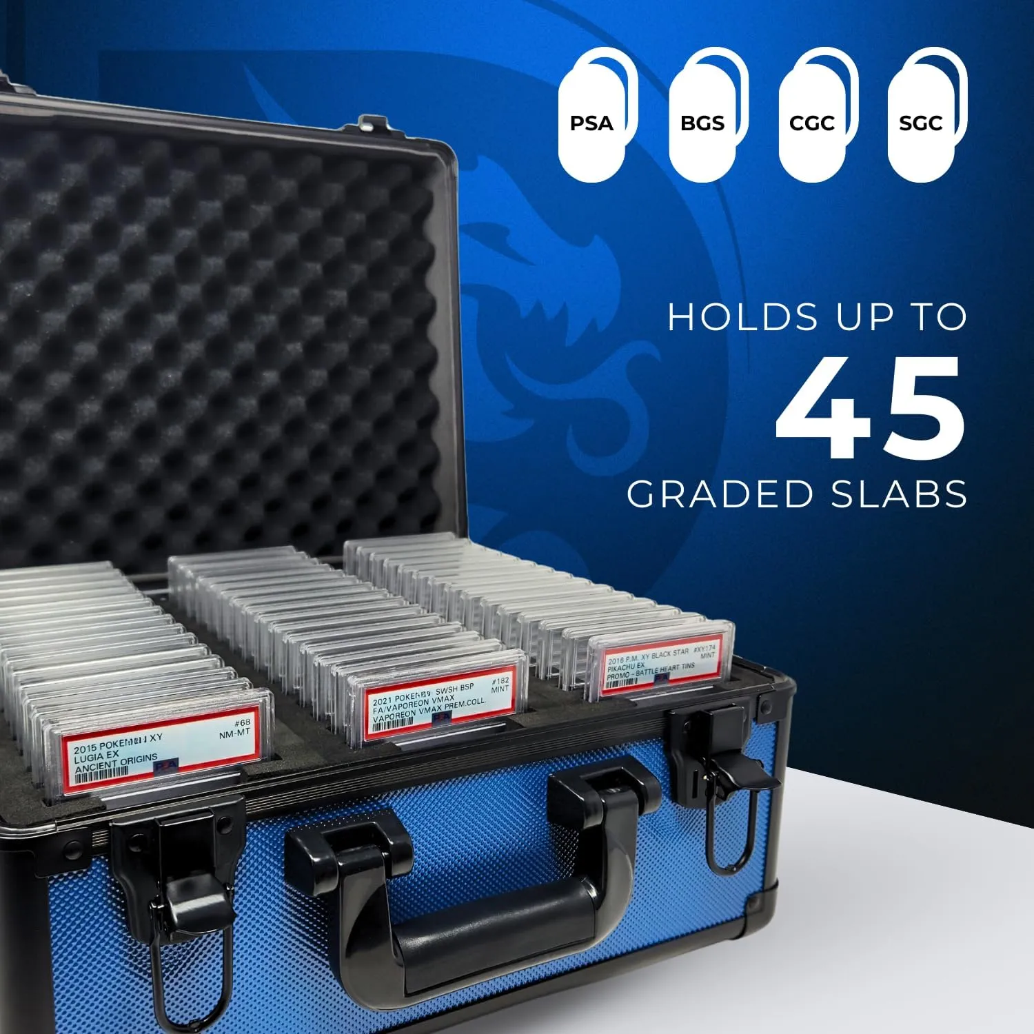 Precision Metal Slab Case – Holds 45 Graded Sports and Trading Cards – Durable Aluminum Storage Box for PSA, BGS, CGC Slabs – XL-45 Blue